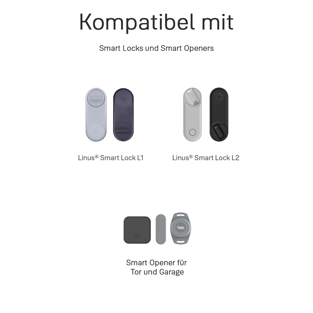 Das Bild zeigt Smart Locks und Öffner. Enthält Linus Smart Lock L1 und L2 sowie einen Yale Smart Opener. Text auf Deutsch.