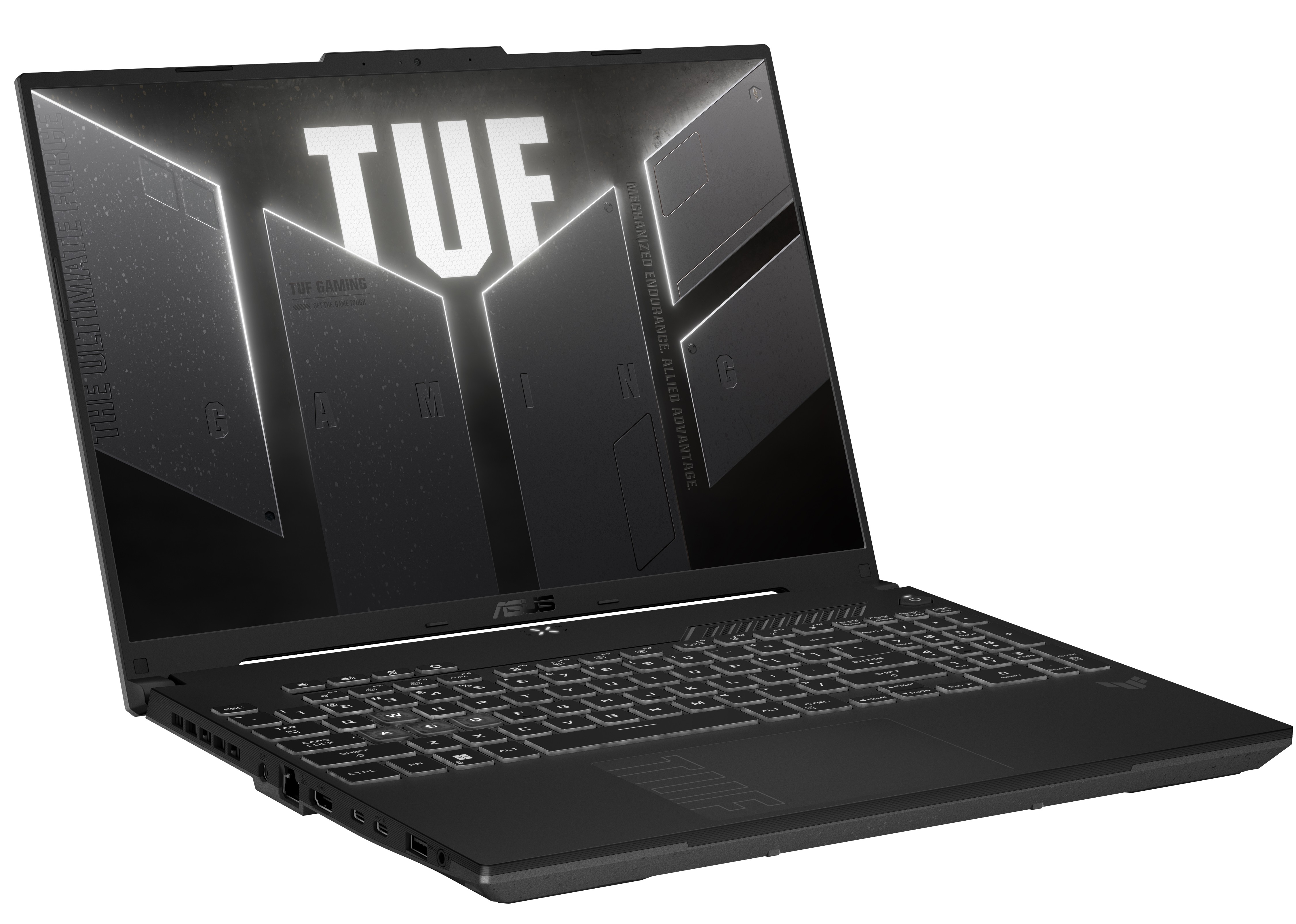 Siyah ASUS TUF oyun dizüstü bilgisayarı. Ekran TUF logosunu gösteriyor. Klavye ve dokunmatik yüzey görünüyor. Arka plan beyaz.