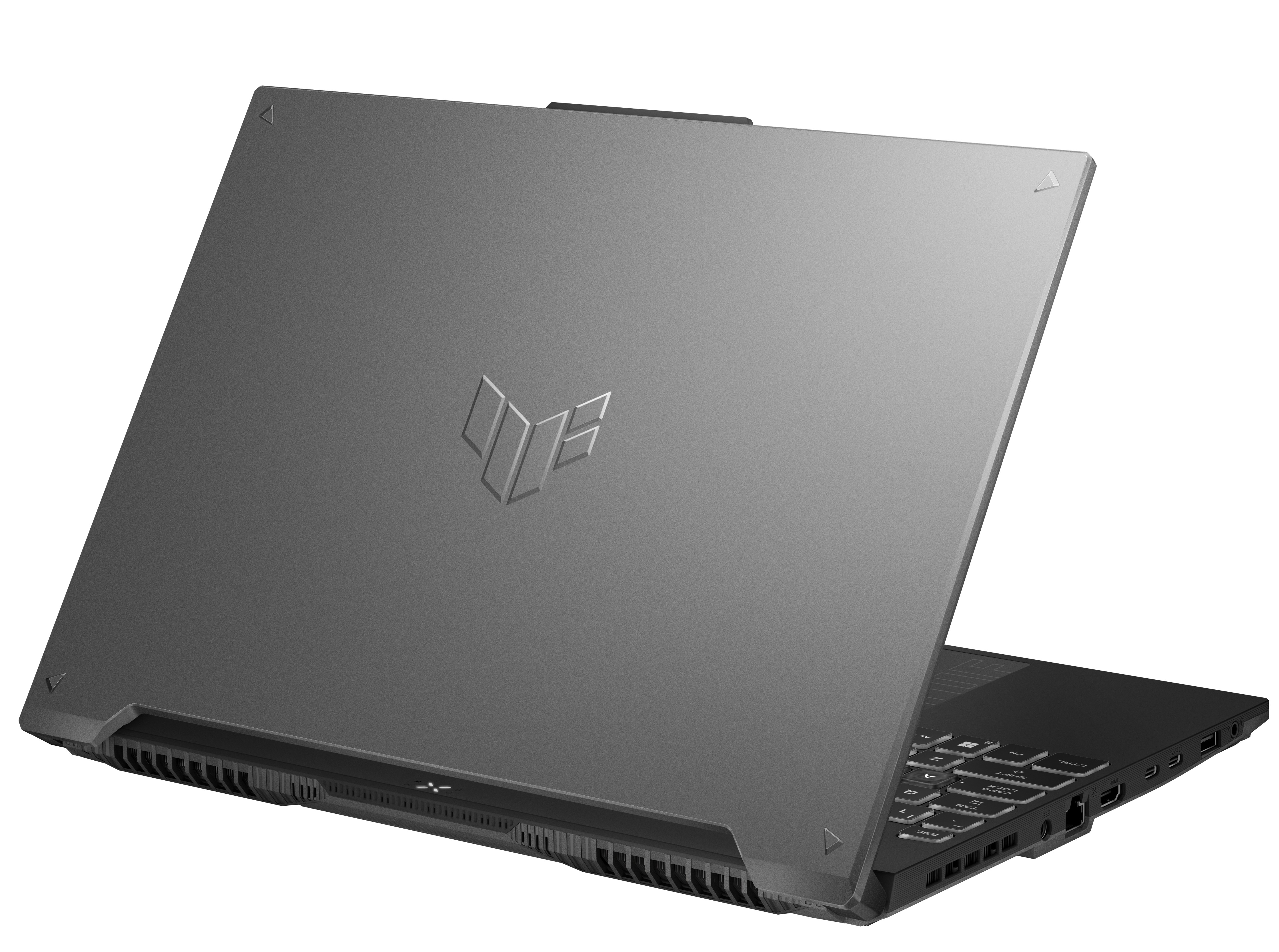 Gri bir dizüstü bilgisayar hafifçe açık, klavye ve ekranın arkası görünüyor. Asus TUF logosu görünür.