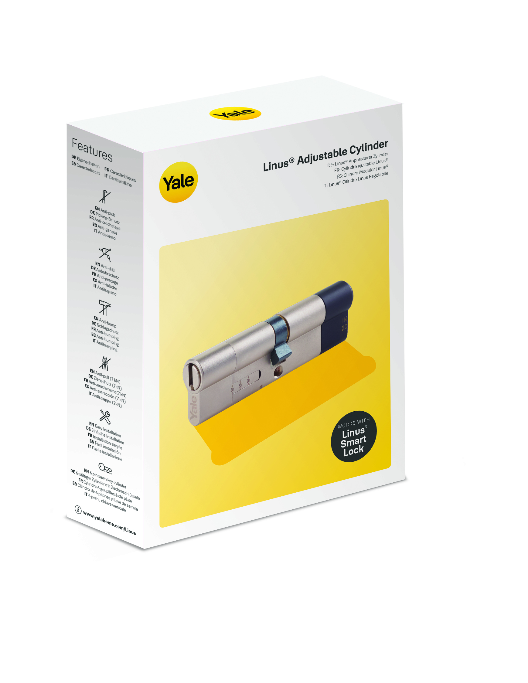 Ein Yale Linus Adjustable Cylinder auf einer weißen Box mit gelben Akzenten und Text.