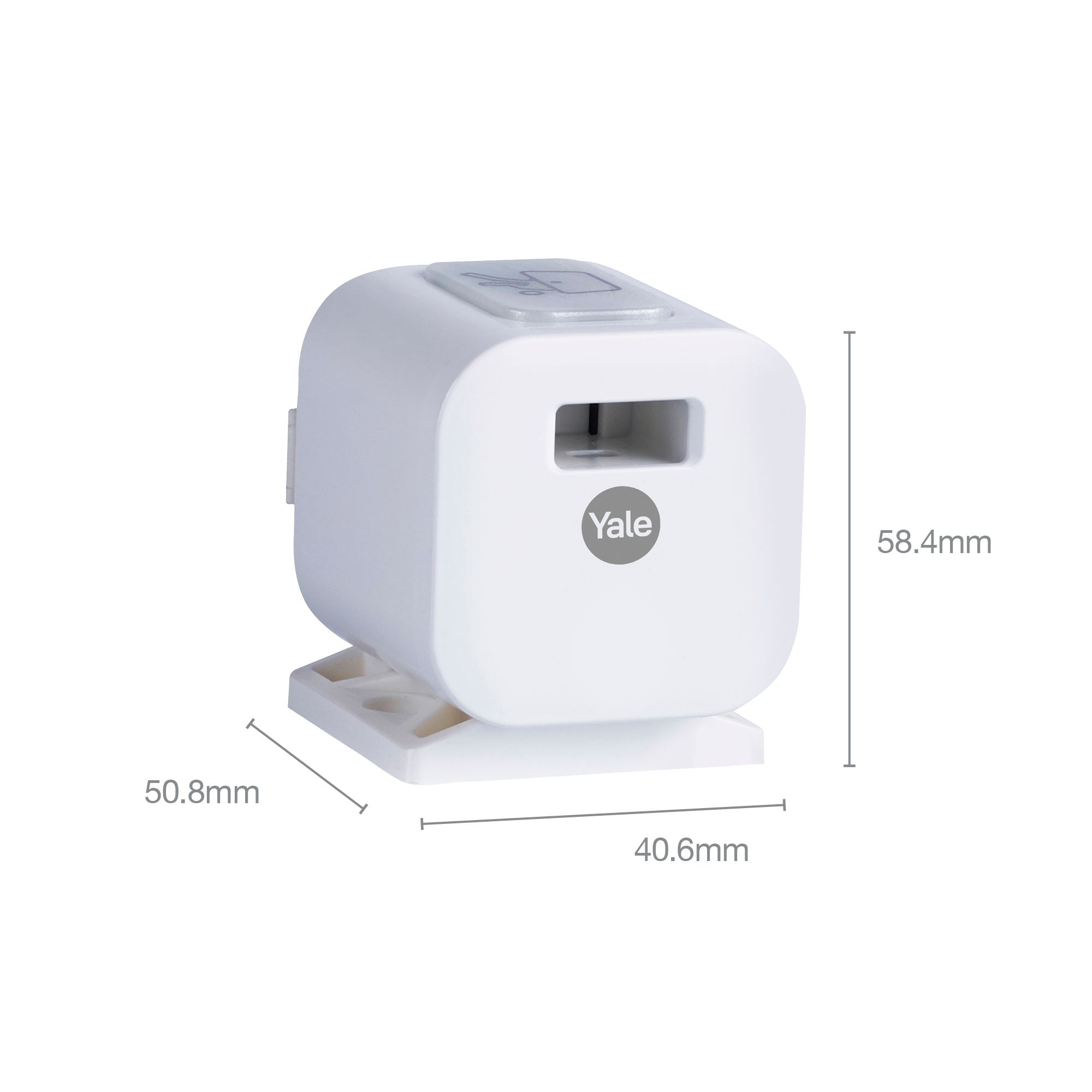 Weißes Yale Smart Lock. Es ist rechteckig mit einer Basis. Abmessungen werden angezeigt. Der Hintergrund ist weiß.