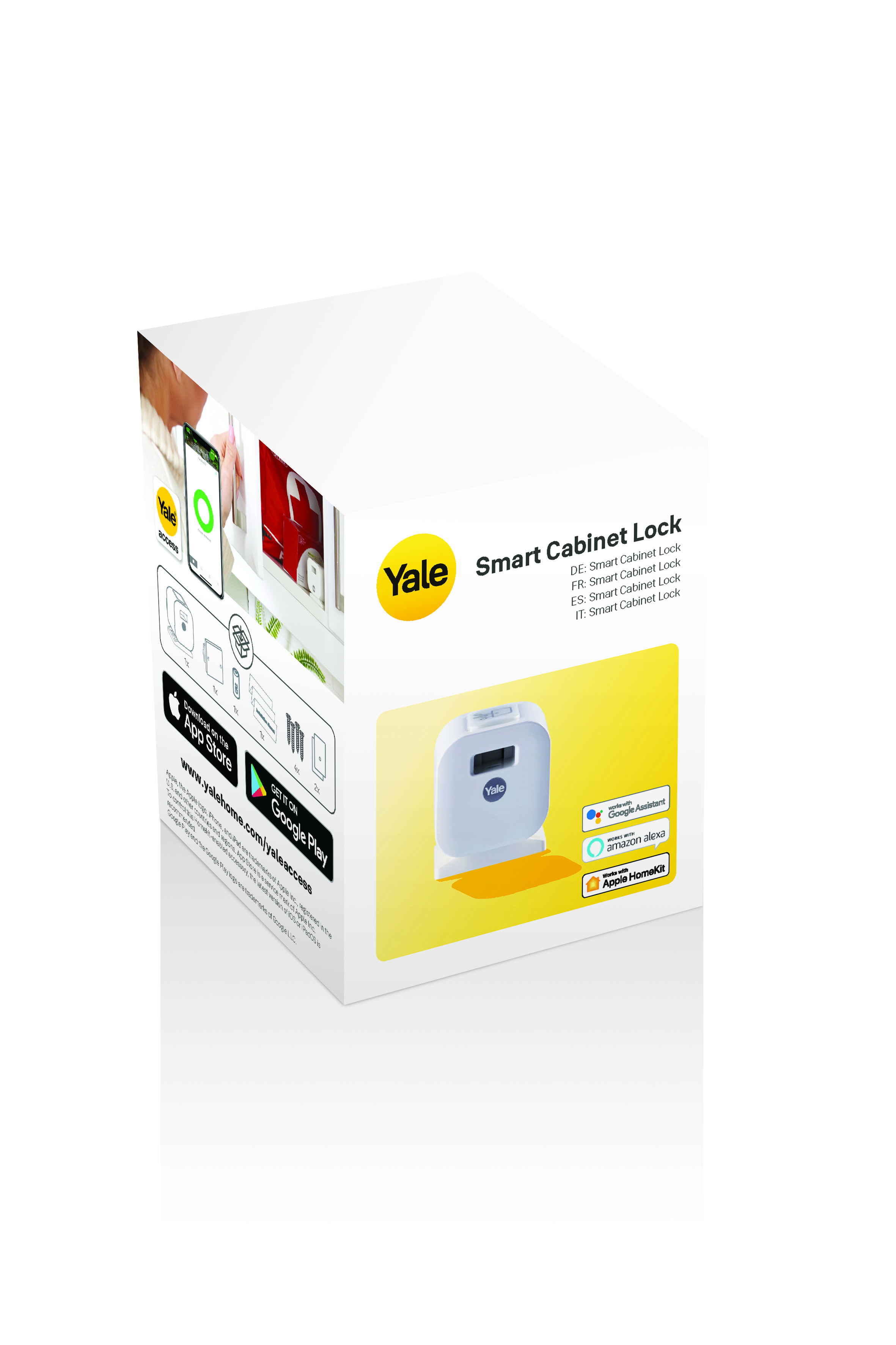 Eine weiße Schachtel mit einem Yale Smart Cabinet Lock. Die Box zeigt das Produkt und App-Details.