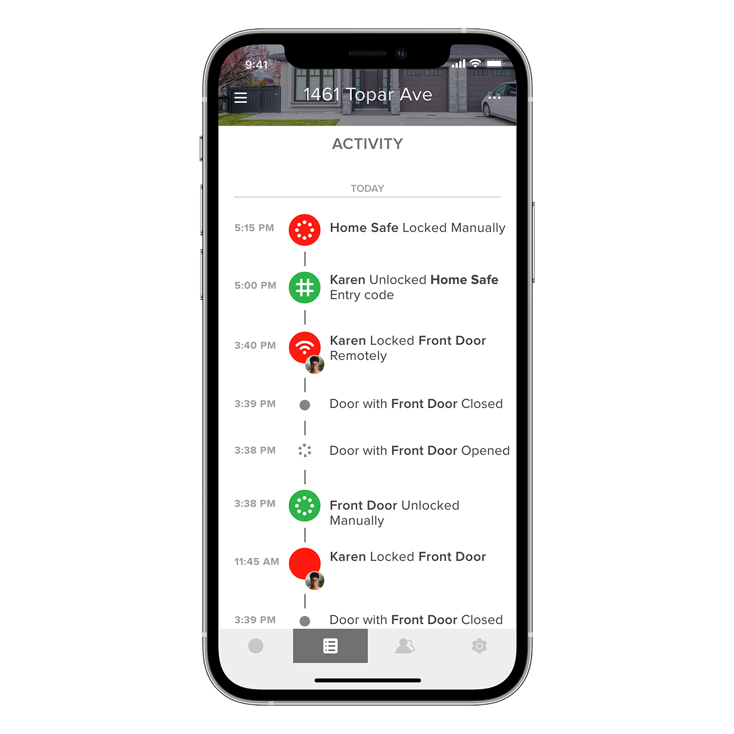 Smartphone zeigt ein Smart-Home-Aktivitätsprotokoll. Zeigt Ereignisse wie Türverriegelungen/-entriegelungen und Statusaktualisierungen für den Safe.
