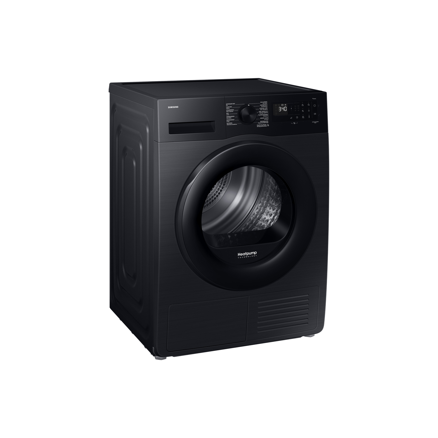 A black Samsung dryer. It has a round door, digital display, and control panel. The dryer is on a white background.