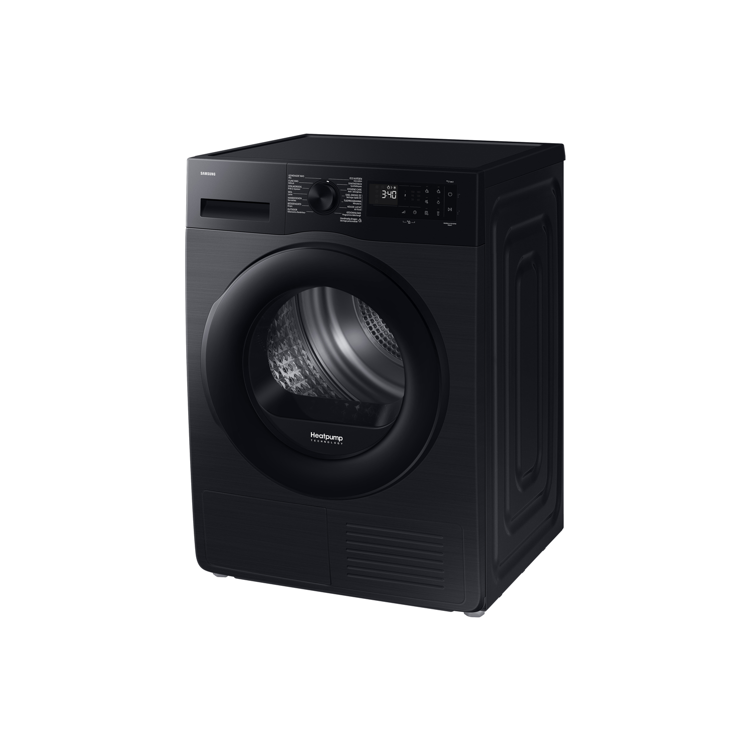 A black Samsung dryer is displayed at an angle. The dryer has a round door and a control panel. The background is white.