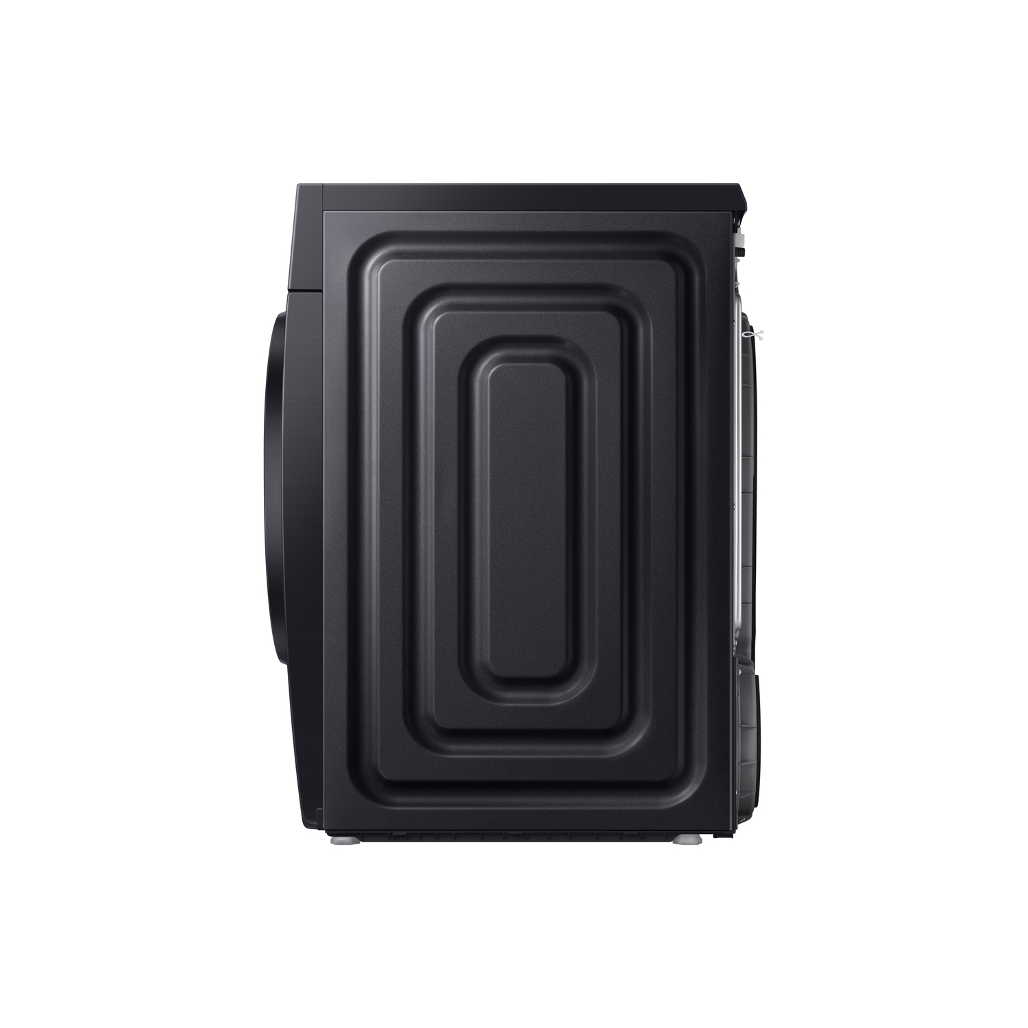A black washing machine, side view. The back has a recessed panel design. A circular door is visible on the left side.