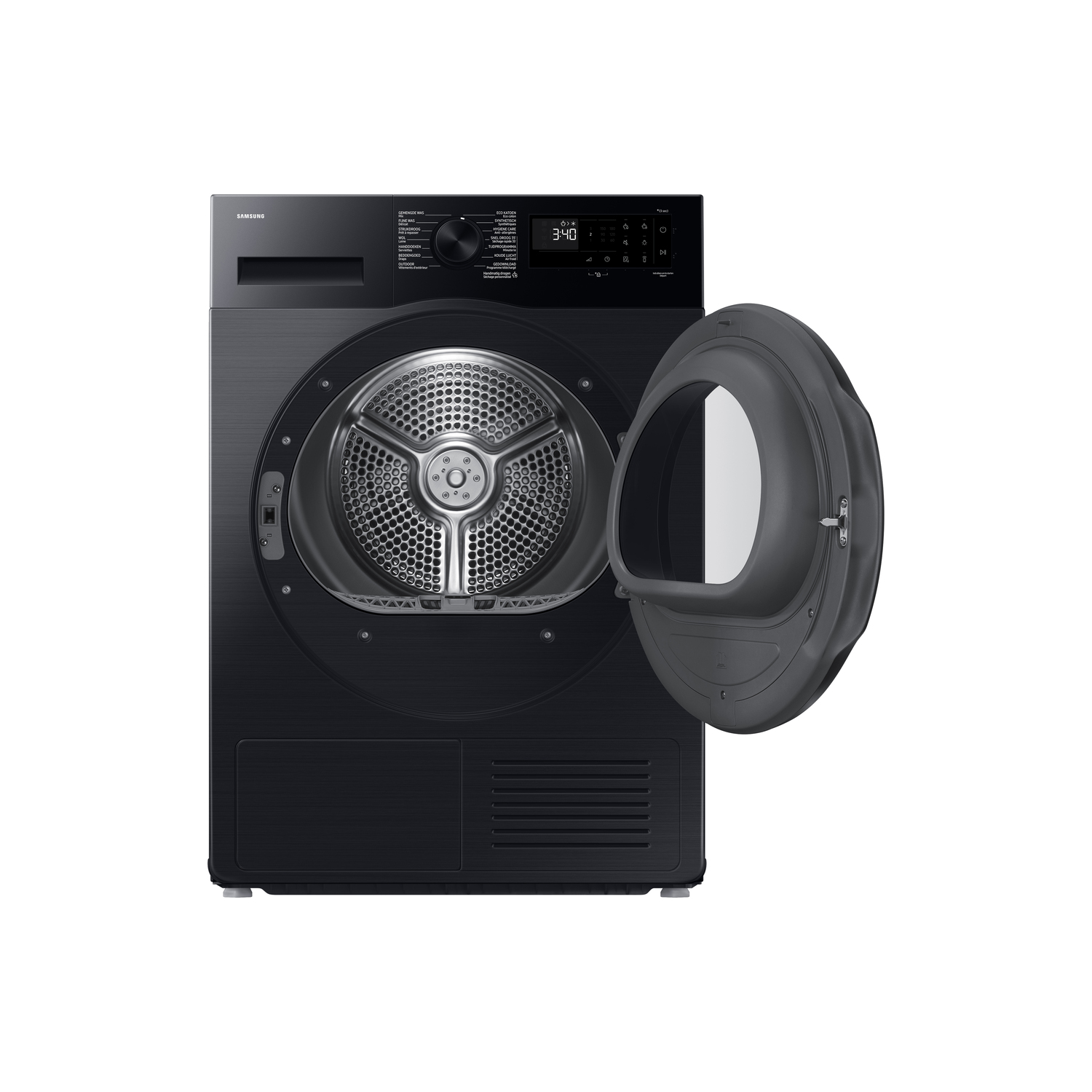 A black Samsung dryer with an open door. The digital display shows 3:40. The inside of the dryer is visible.