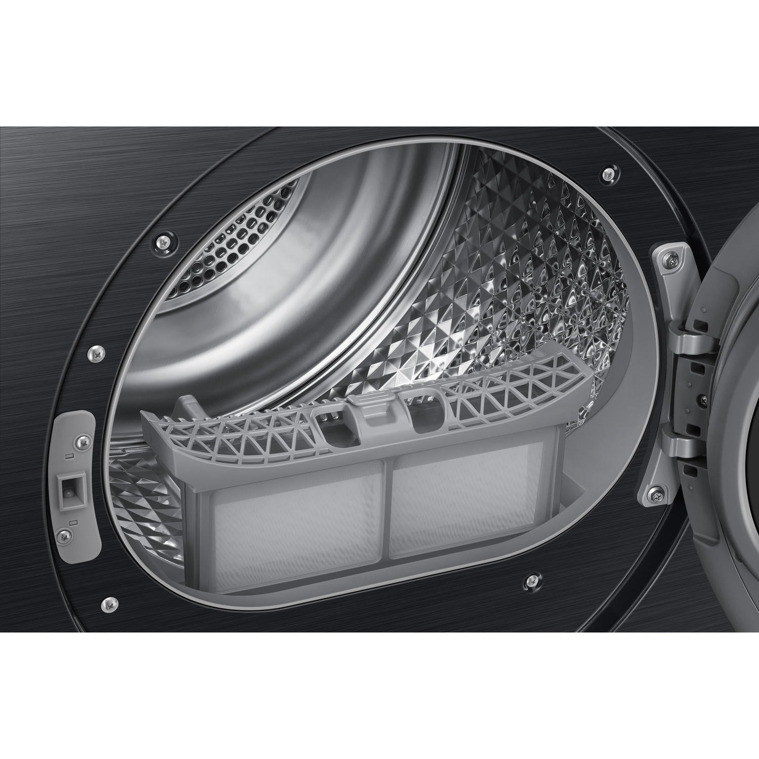 Open dryer door. Inside, a gray lint filter is visible. The stainless steel drum has a diamond pattern.
