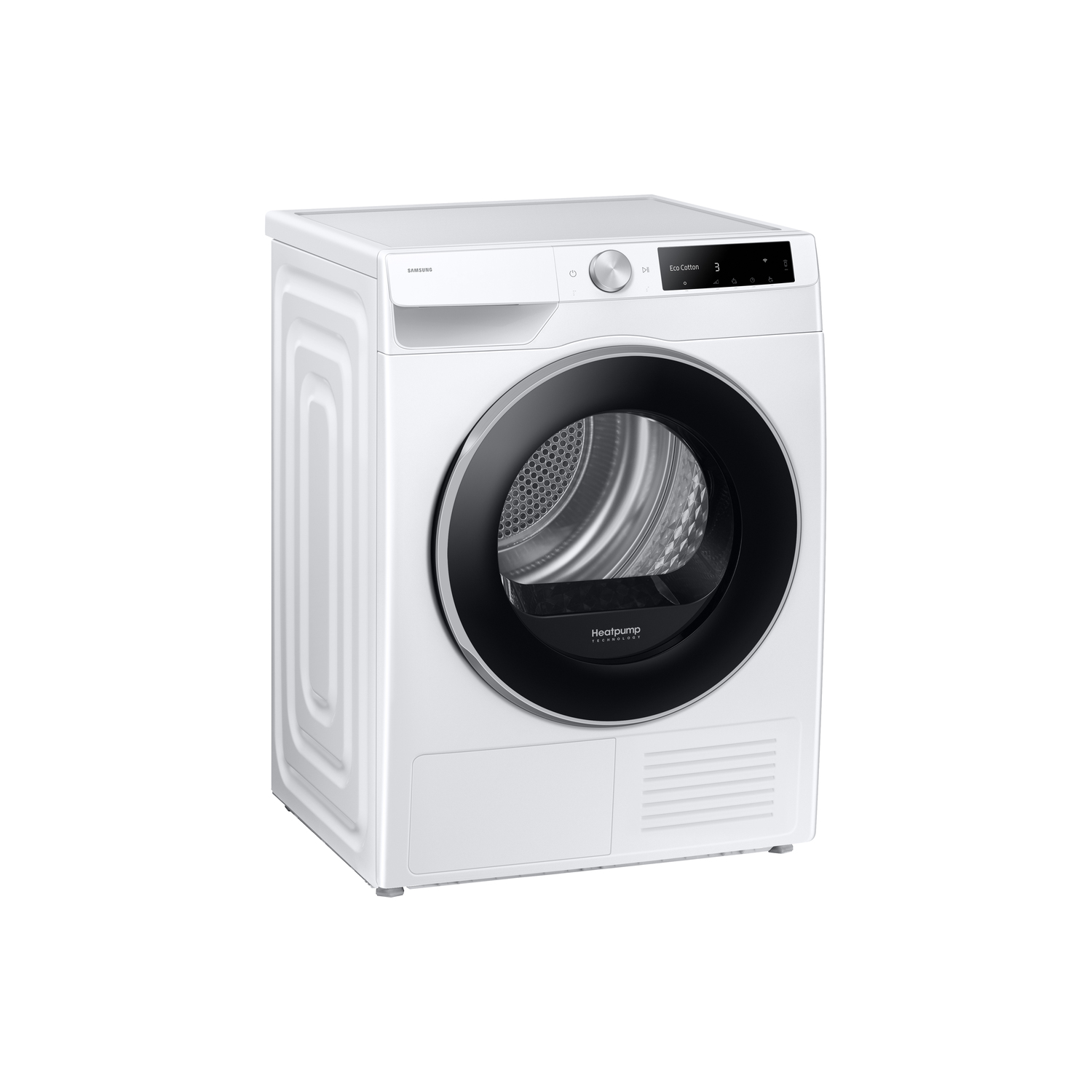 Un sèche-linge Samsung blanc sur fond blanc. Le sèche-linge a une porte noire et un écran numérique avec réglages.