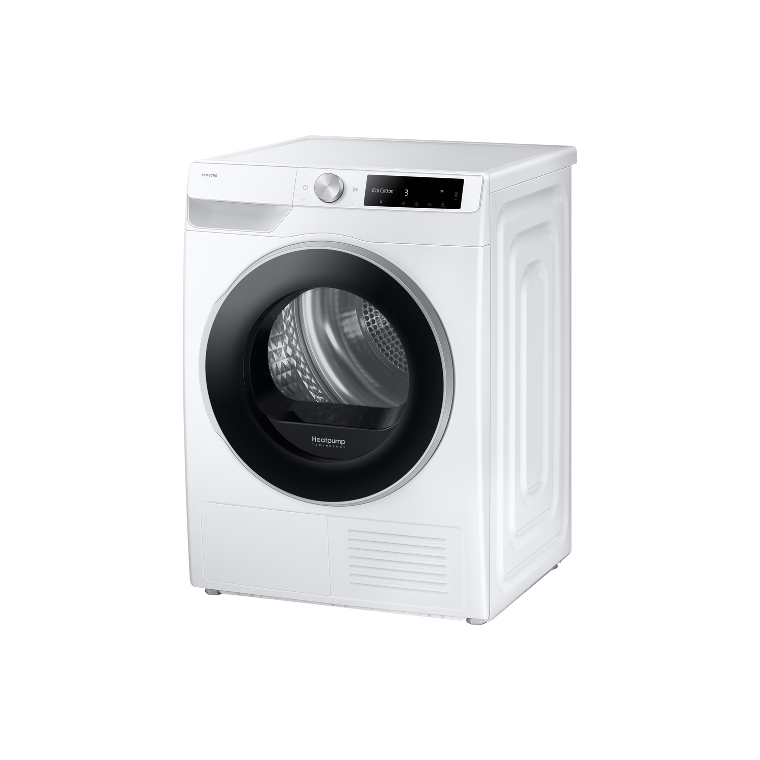 Un sèche-linge Samsung blanc avec une porte noire et un affichage numérique. Il porte une étiquette de technologie Heatpump.