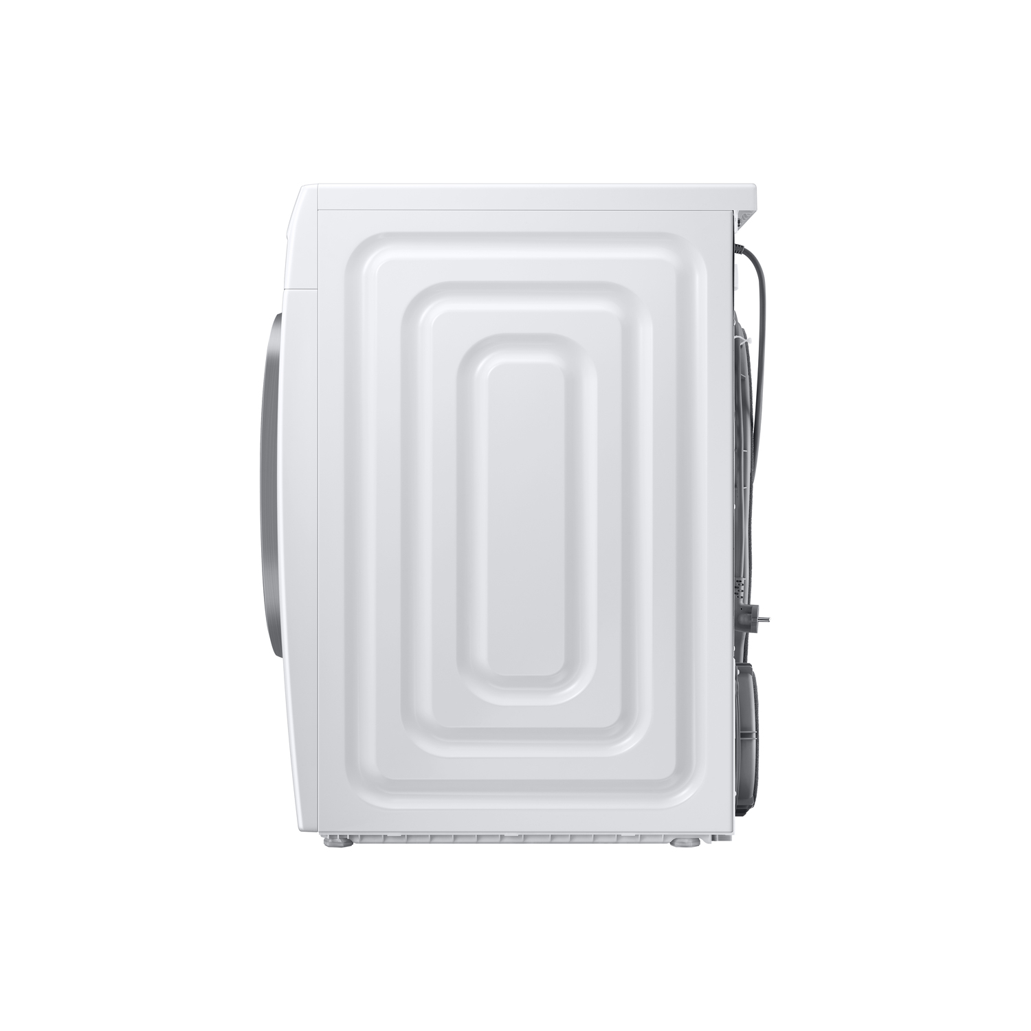 Vue latérale d'une machine à laver blanche sur fond blanc. Montre le panneau arrière nervuré, une porte argentée et des câbles d'alimentation.