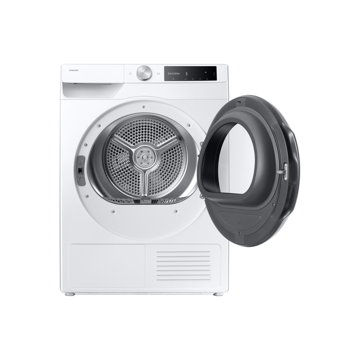Un sèche-linge Samsung blanc avec une porte noire ouverte. Le tambour est visible. L'écran numérique affiche les réglages. Isolé sur fond blanc.