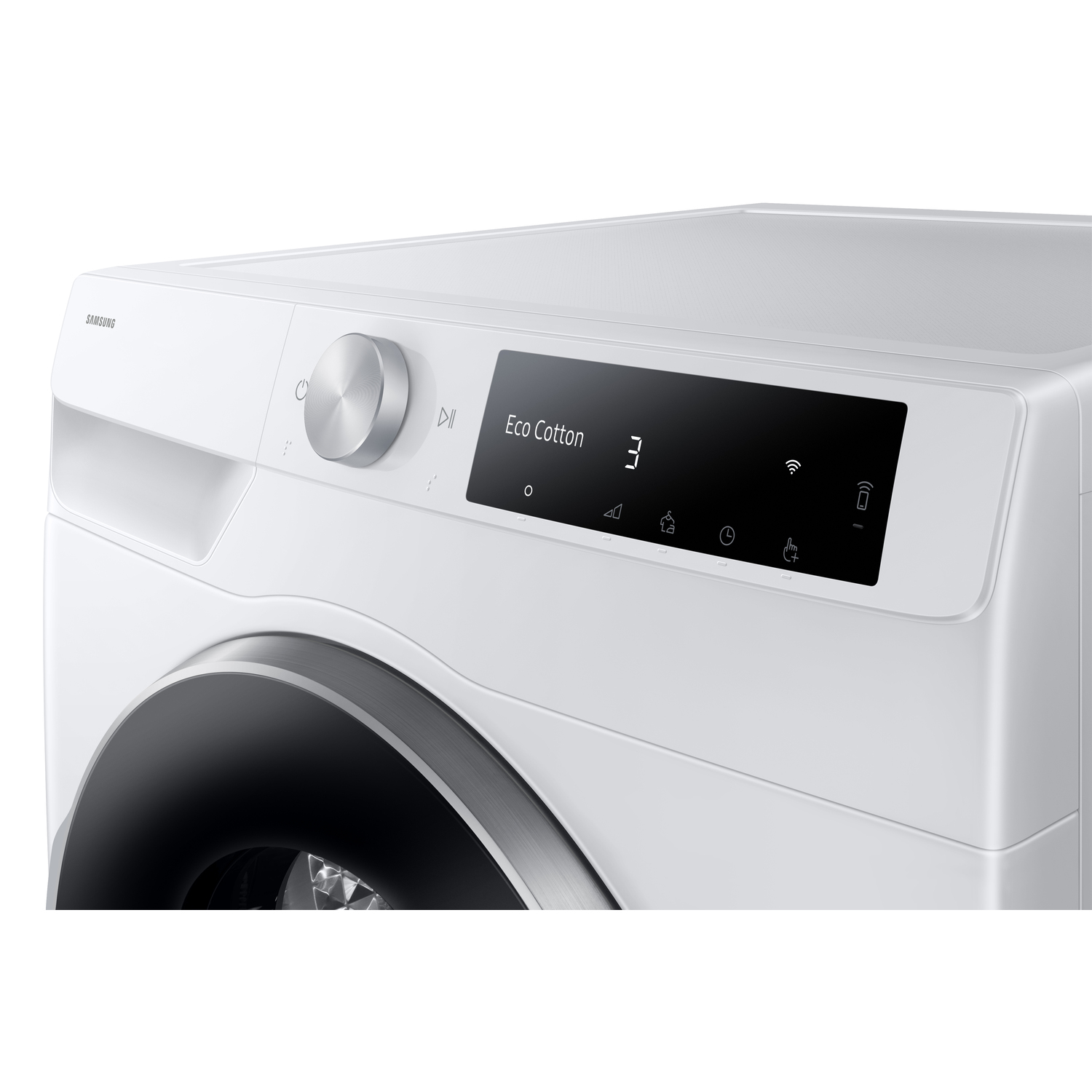 Un lave-linge Samsung blanc. Un panneau de contrôle affiche 'Eco Cotton', une minuterie et un affichage numérique '3'.