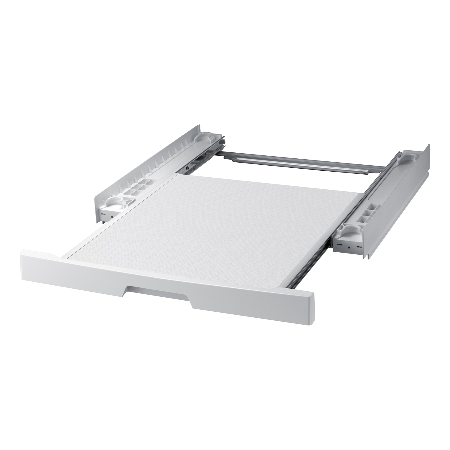 Un socle de machine à laver blanc avec un plateau coulissant. Il repose sur un fond blanc. Le socle est de forme rectangulaire.
