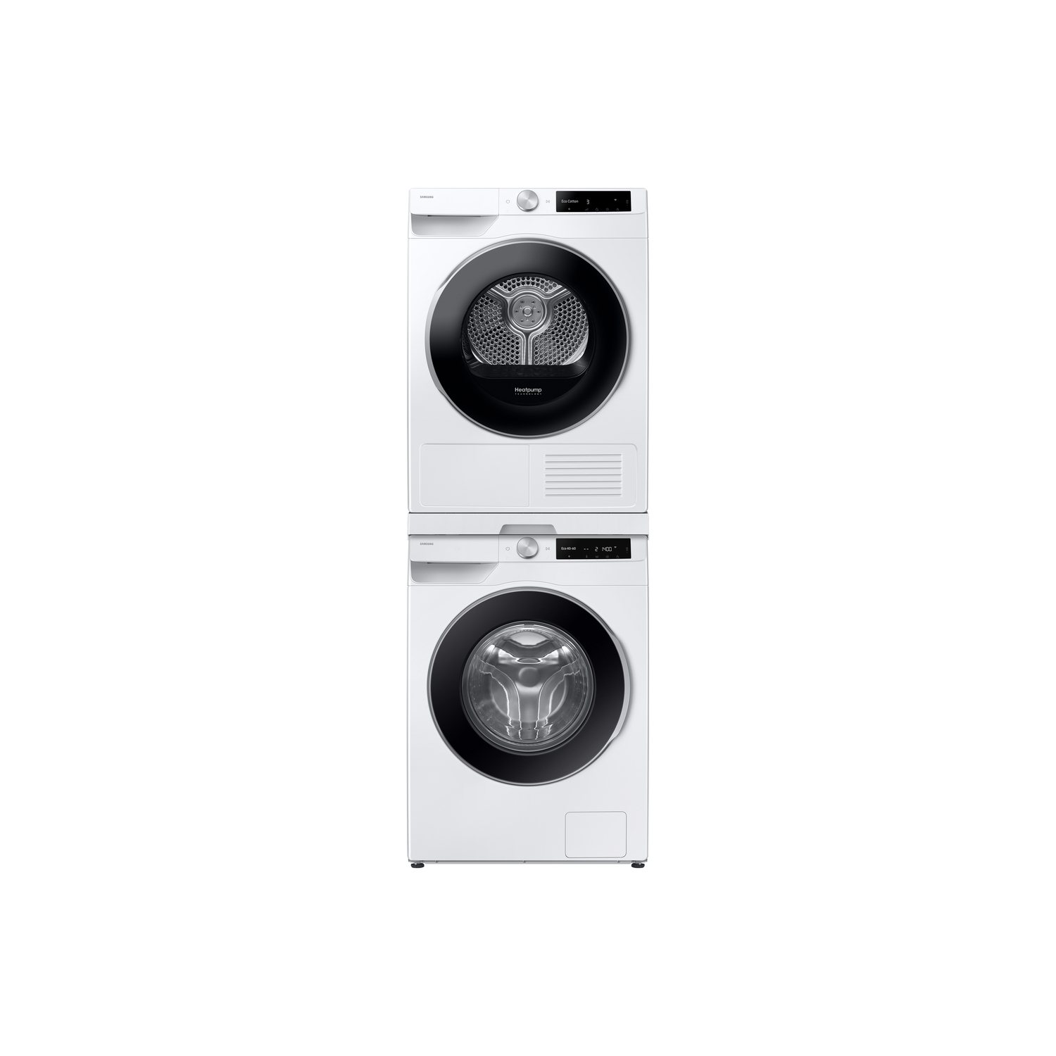 Lave-linge et sèche-linge Samsung blancs empilés. Le sèche-linge est en haut. Les deux ont des portes et des panneaux de contrôle noirs. Isolé sur fond blanc.