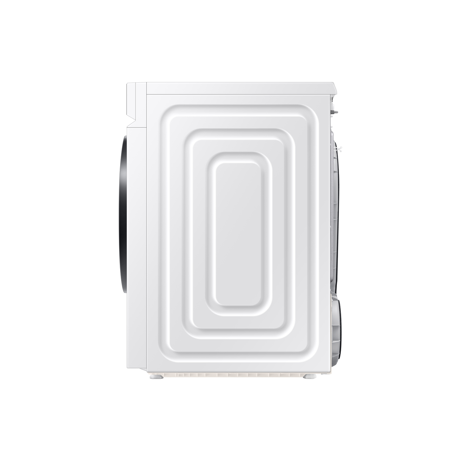 Side view of a white washing machine. The back has a rectangular indented pattern. The front has a black circular door.