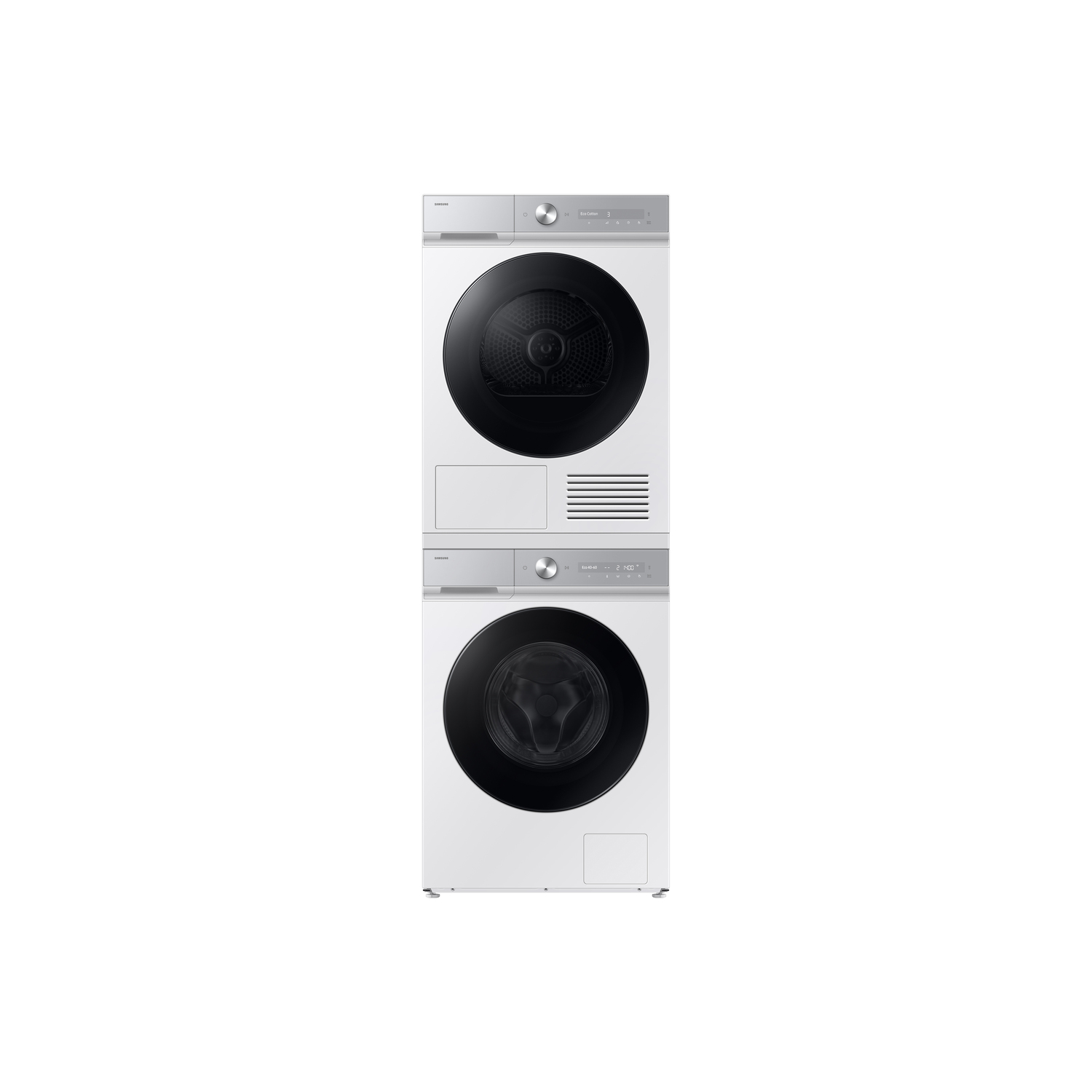 A white stacked Samsung washer and dryer. The washer is on the bottom. Both have black doors and silver control panels.