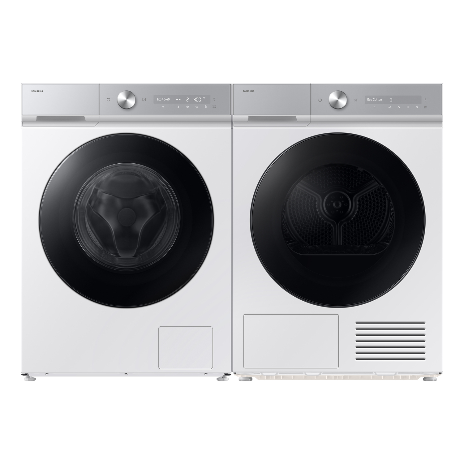 Two white Samsung washing machines. Each has a black circular door. Control panels are at the top.
