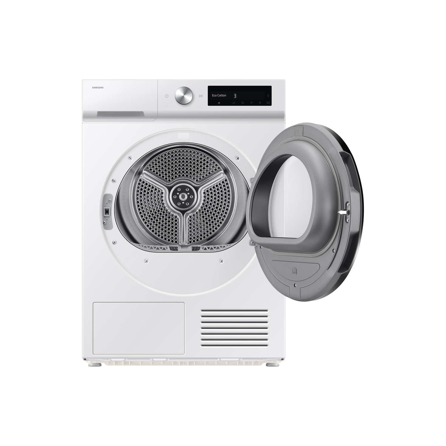 A white Samsung dryer with the door open. The inside drum is visible. The control panel shows 'Eco Cotton 3'.