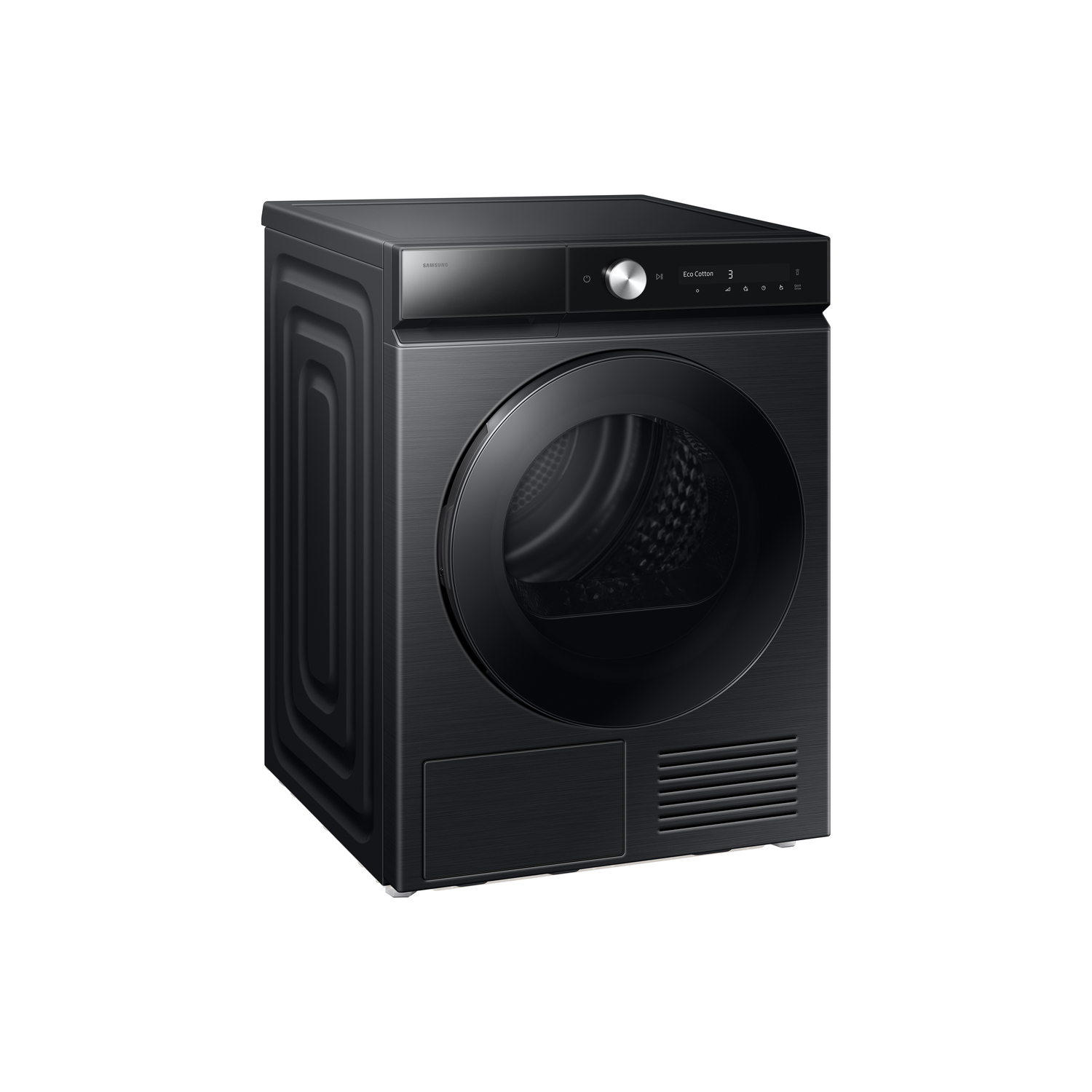 A black Samsung dryer. It has a large round door, control panel, and vent. The dryer is on a white background.