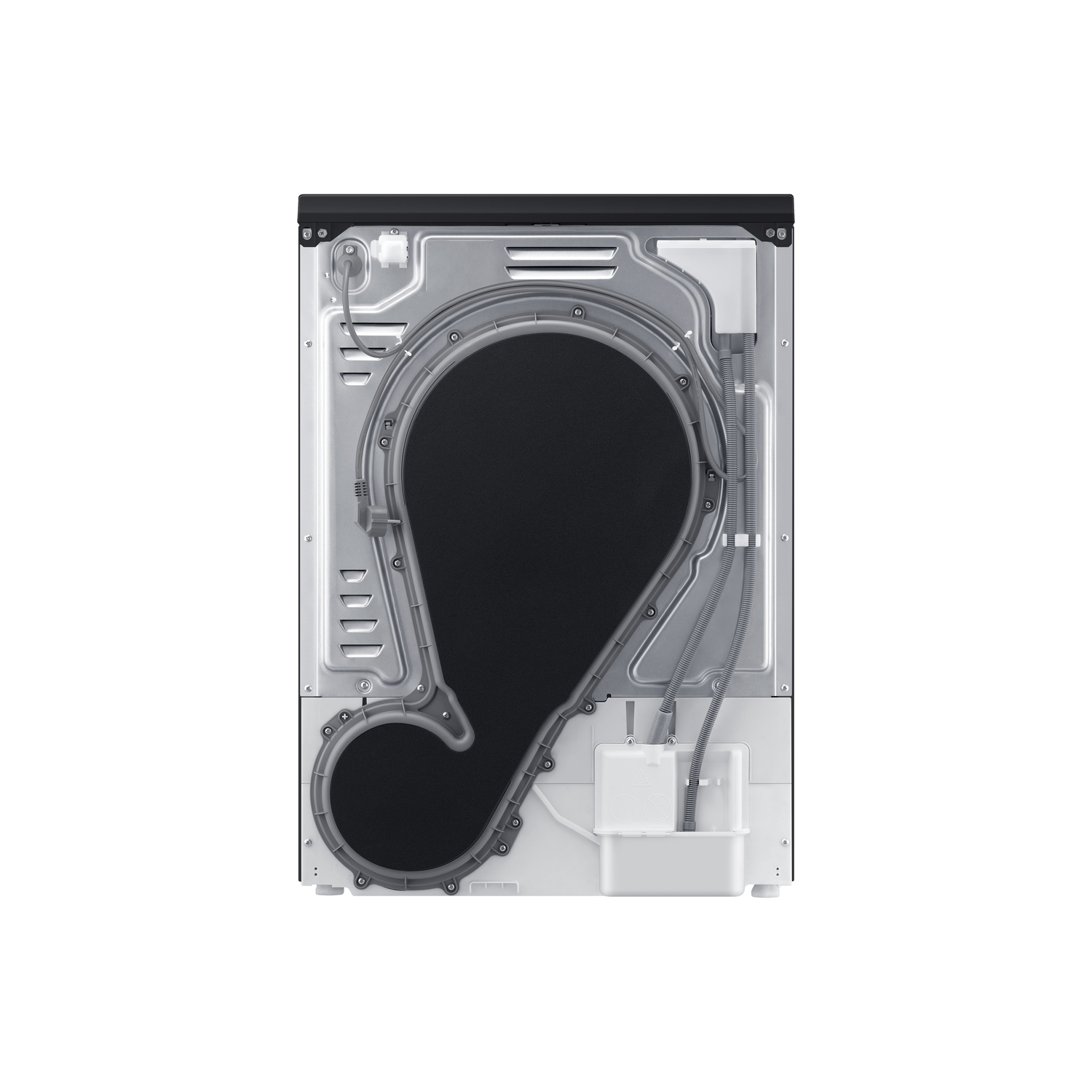 Back of a dryer. It has a black filter area and grey hoses and parts. White water container on the bottom.