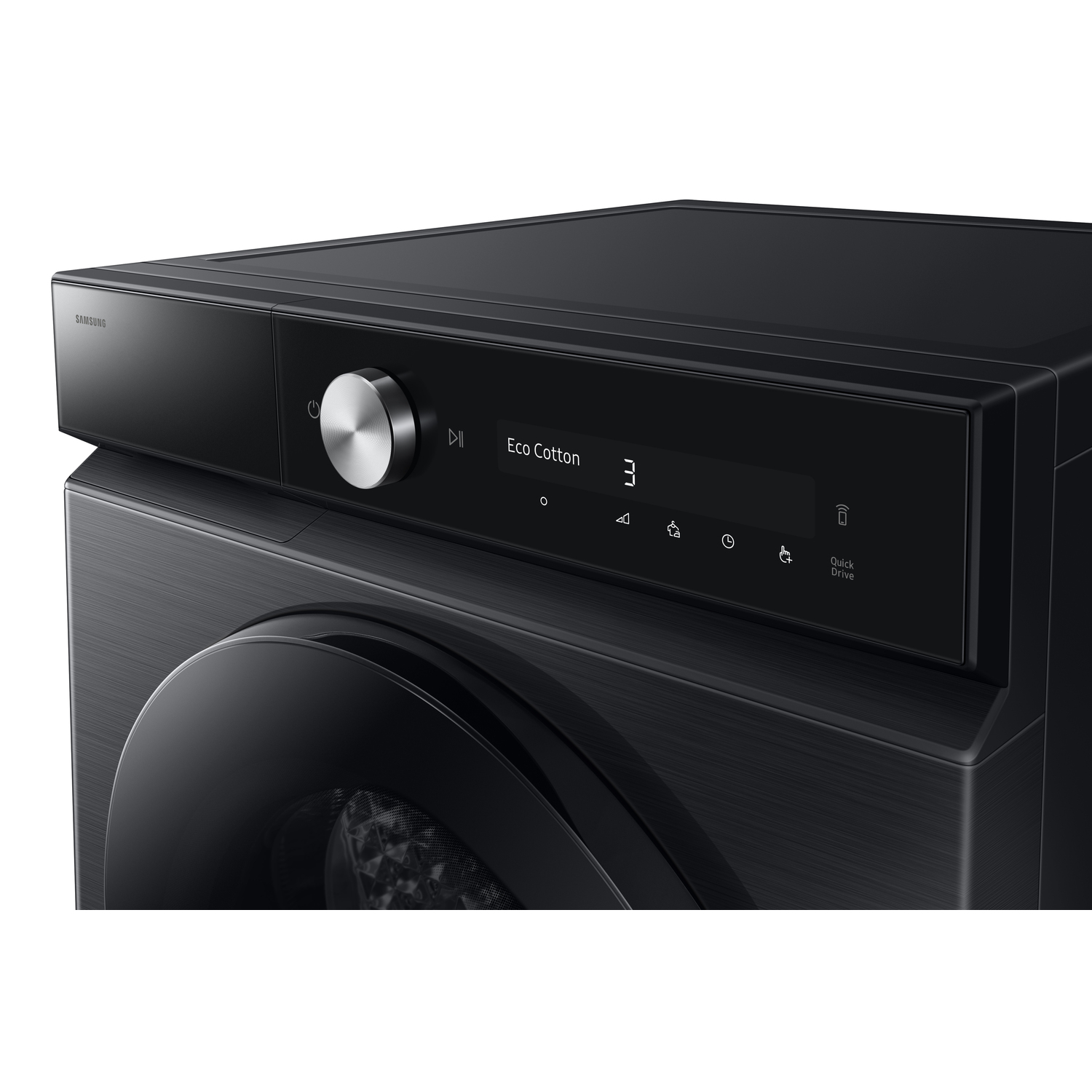 A black Samsung washing machine. It has a digital display showing settings like 'Eco Cotton' and a dial. The machine is on a white background.