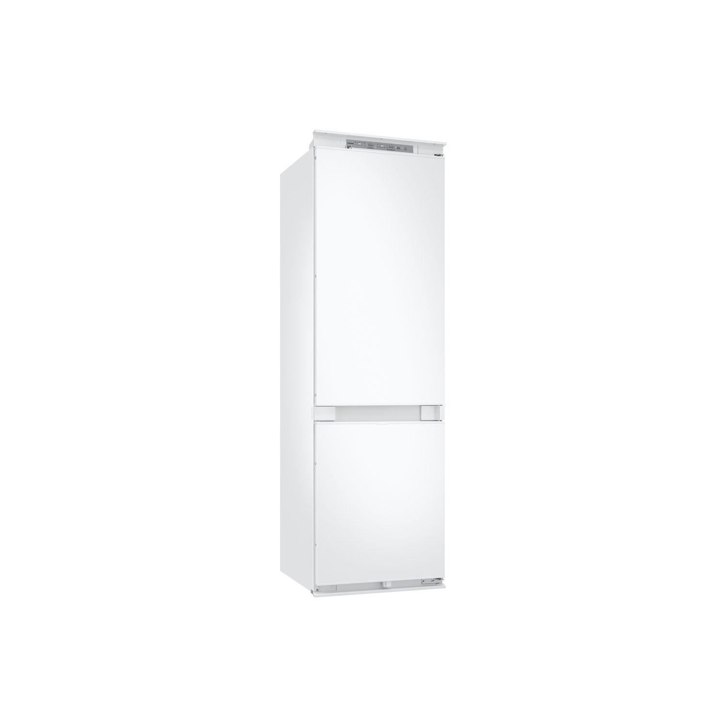 A white refrigerator on a white background. It has two doors. The top door is larger than the bottom one. There is a control panel on the top.