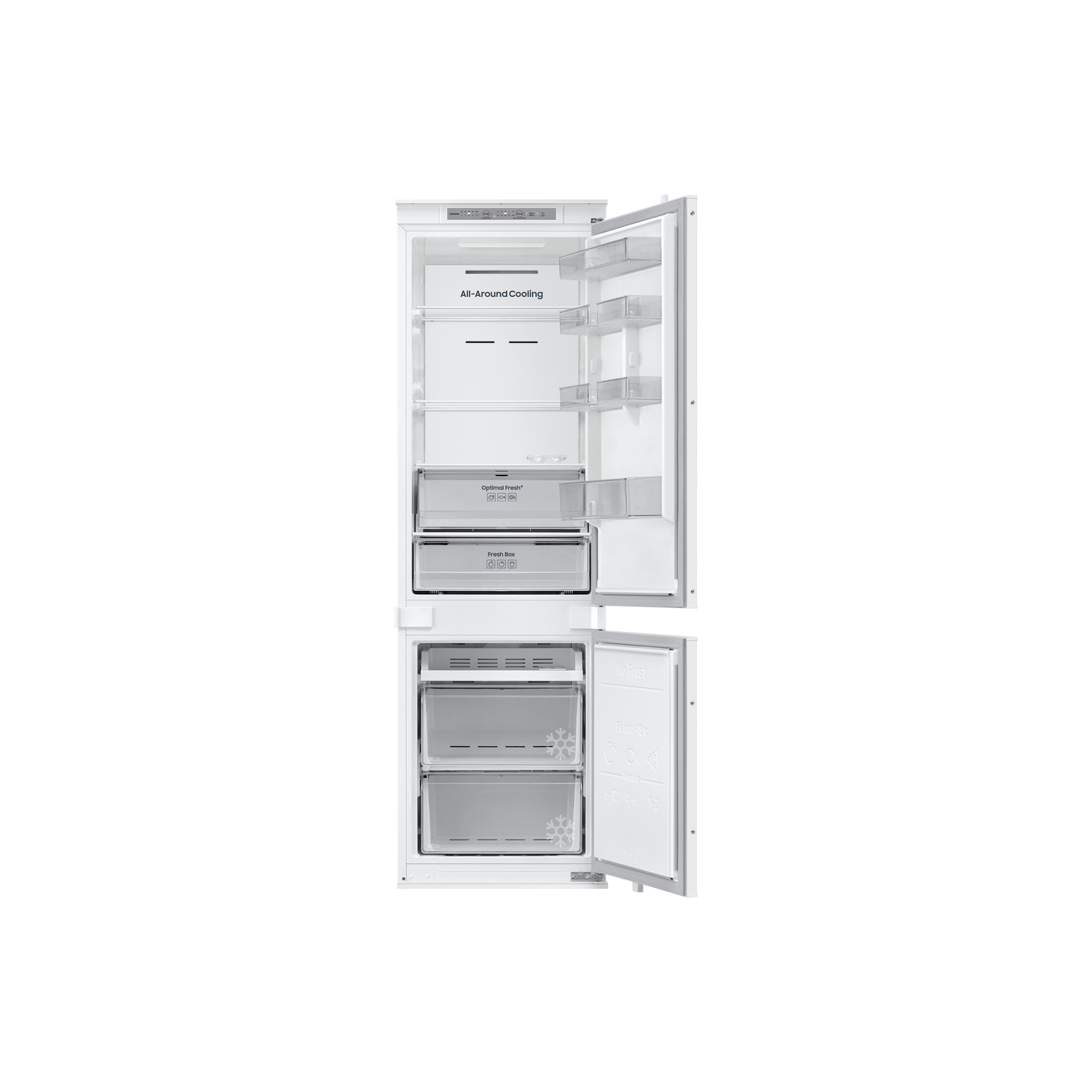 White, open refrigerator. Top section has shelves and All-Around Cooling text. Lower section has drawers labeled Optimal Fresh and Fresh Box.