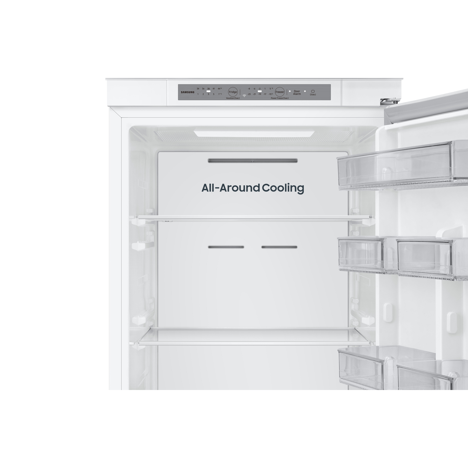An open white refrigerator interior with shelves, drawers, and control panel. Text reads 'All-Around Cooling' and 'Freezer'.