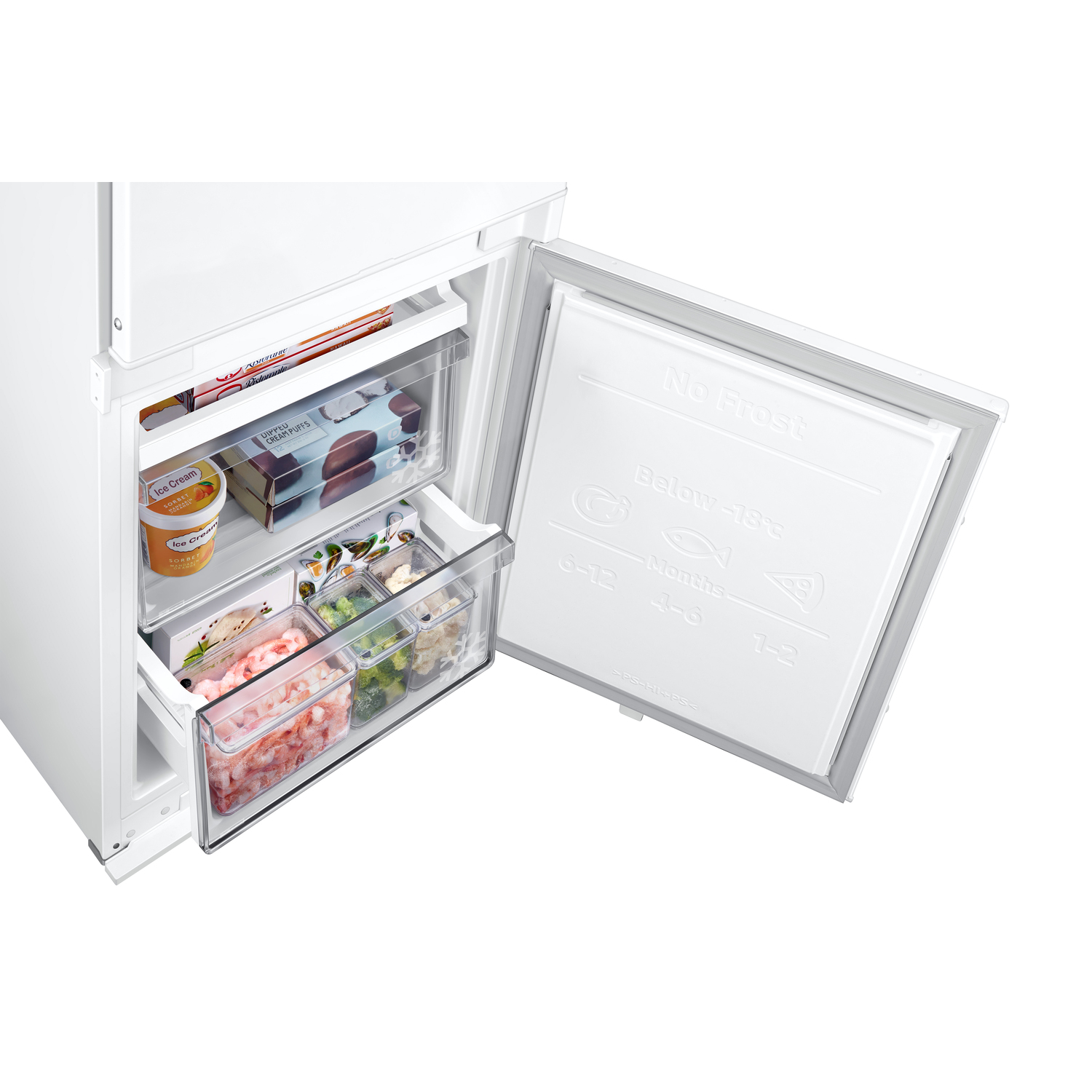 A white refrigerator with the door open. Inside, there are containers of food including ice cream and frozen shrimp. The freezer door is open.