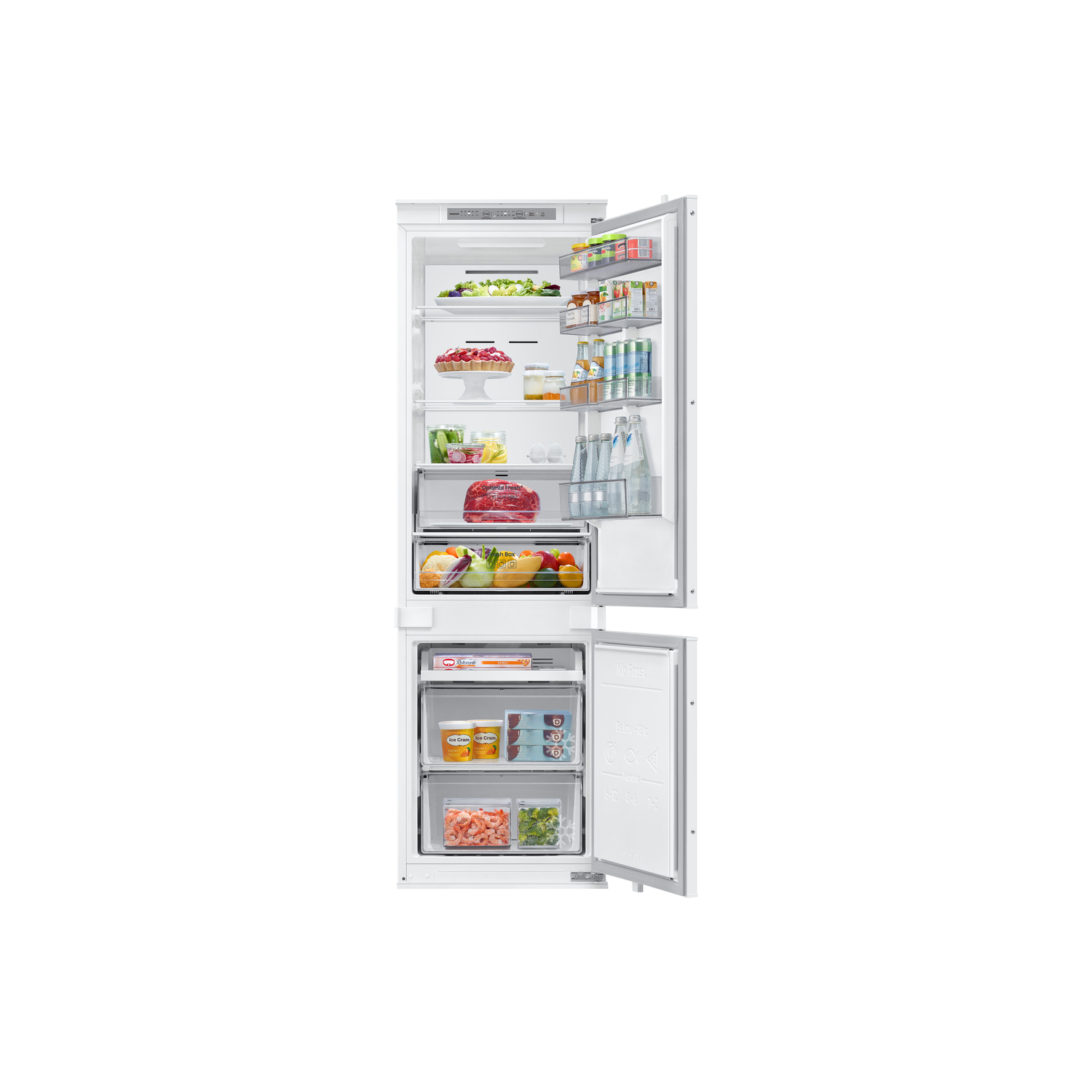 An open refrigerator displays various foods: fruits, vegetables, drinks, meat, and ice cream. Shelves are filled with groceries.