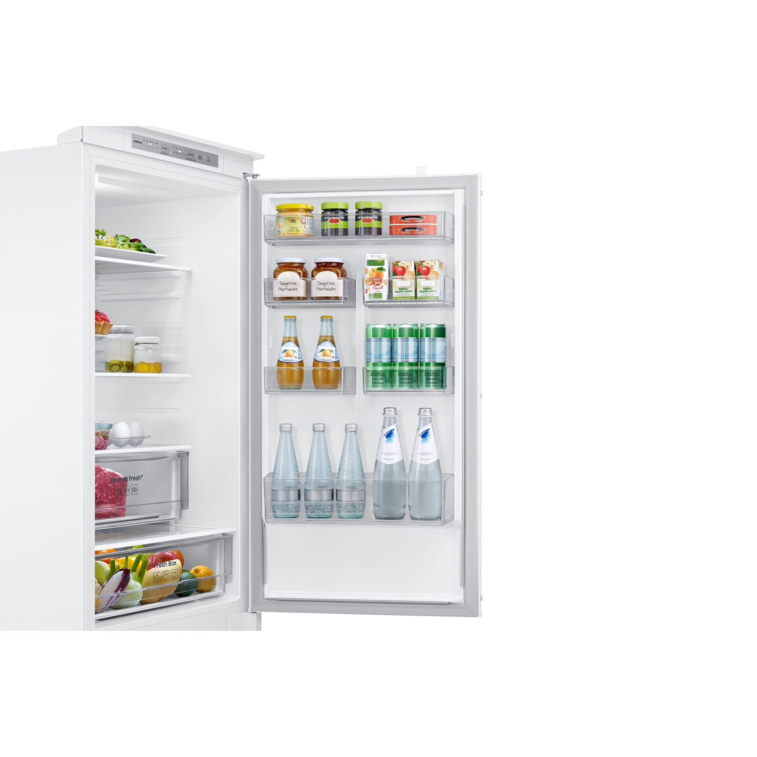 Open refrigerator filled with food items: jars, bottles, and produce. The fridge is white, and the door is ajar, revealing contents.