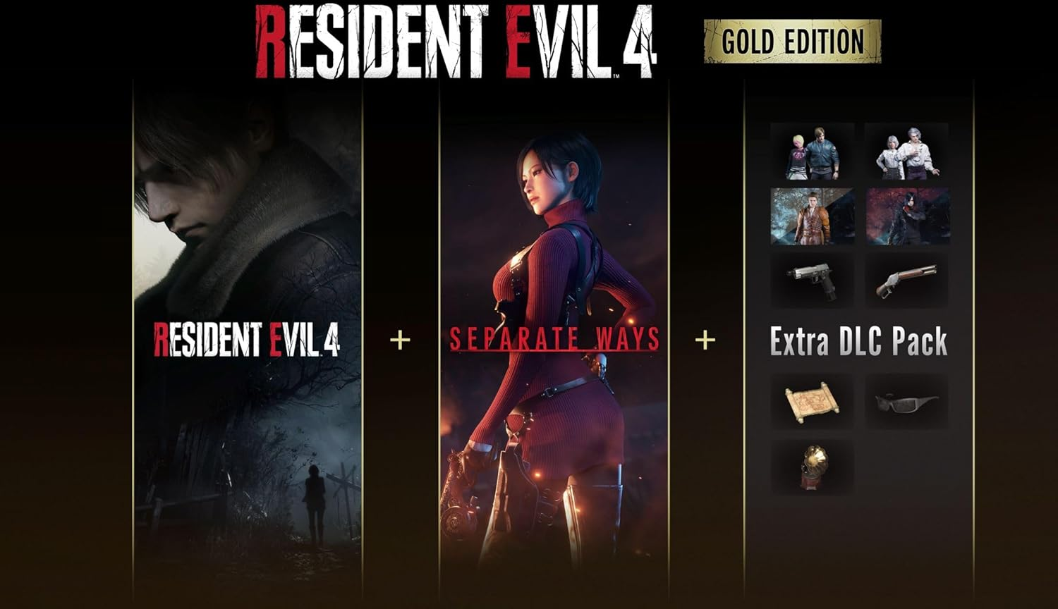 Copertina del gioco Resident Evil 4 Gold Edition. Include il gioco, Separate Ways e l'Extra DLC Pack. Presenta personaggi e oggetti.