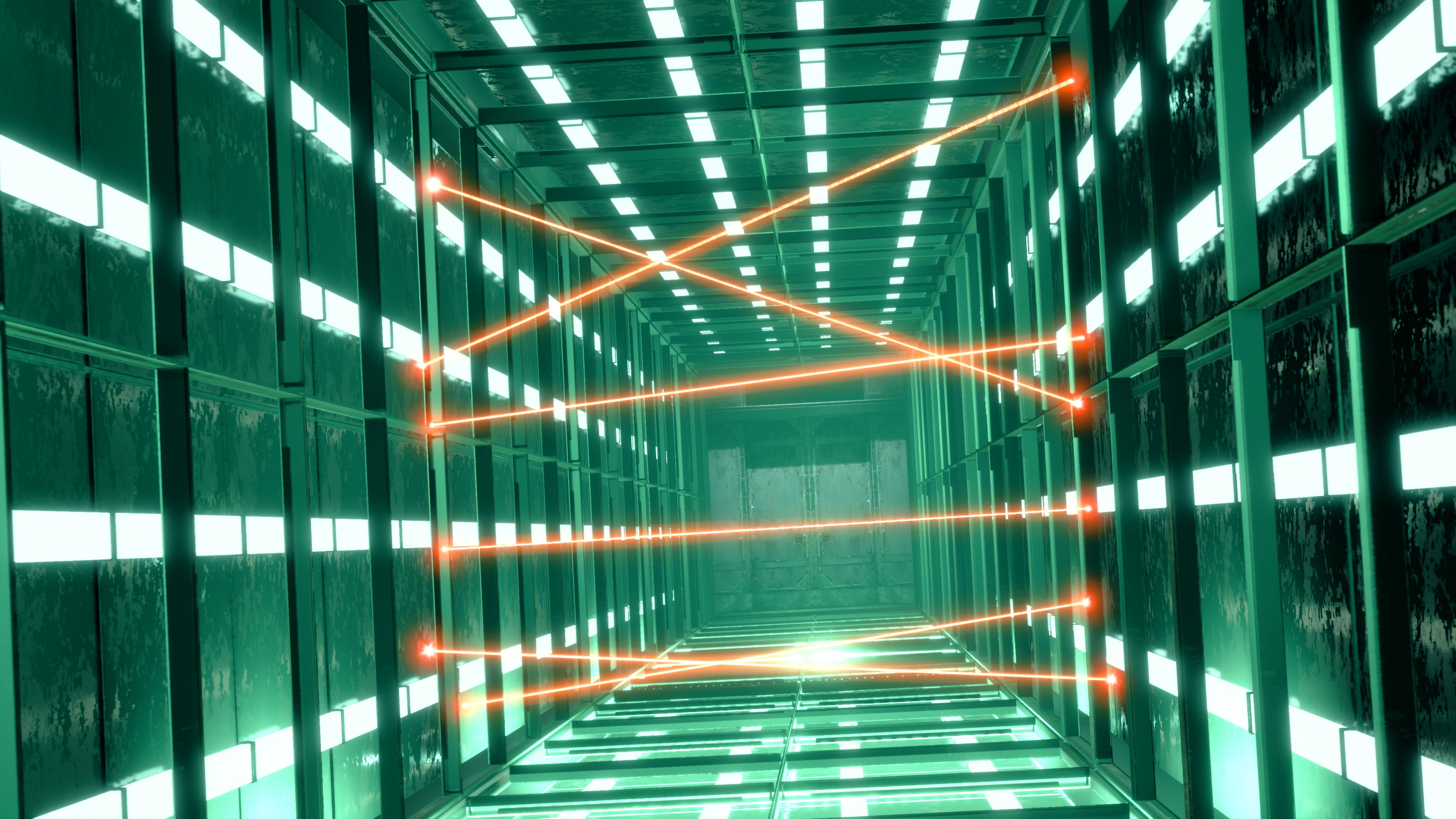 Un corridoio futuristico con pareti verdi e luci brillanti. Laser arancioni attraversano lo spazio. La prospettiva conduce a una porta distante e chiusa.