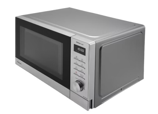 Srebrna kuchenka mikrofalowa na białej powierzchni. Ma czarne drzwi, cyfrowy wyświetlacz z godziną 10:00 i przyciski sterowania.