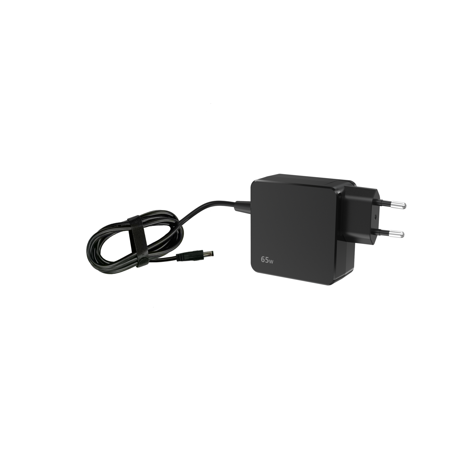 Adaptateur secteur noir pour ordinateur portable. L'adaptateur a une prise et un câble avec un petit connecteur. Le texte indique 65w sur l'adaptateur.