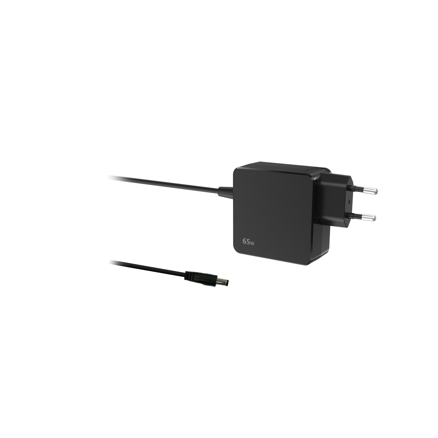 Chargeur d'ordinateur portable noir avec une étiquette de 65w. Il possède un câble de charge et une prise. Le fond est noir.