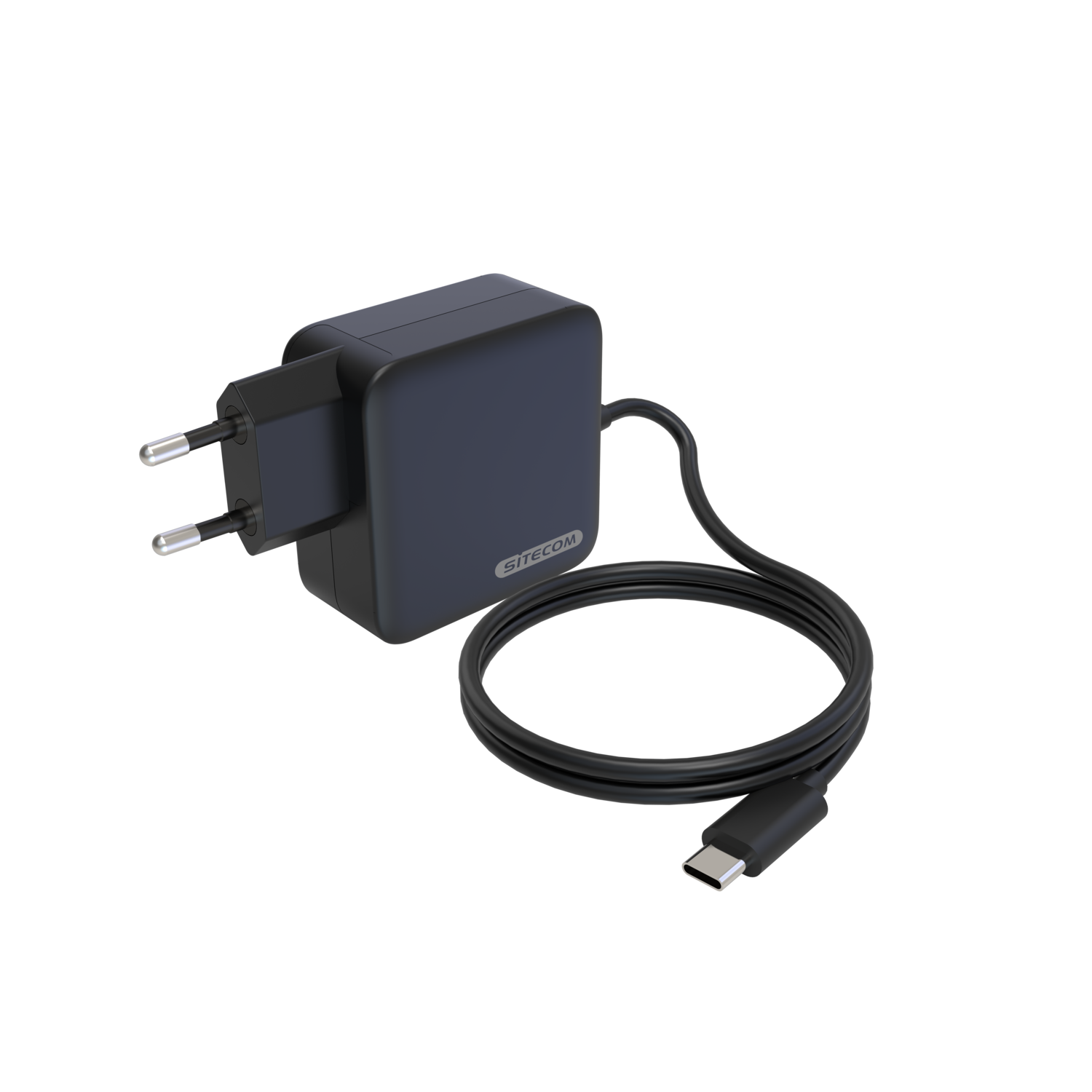 Un chargeur SITECOM bleu foncé avec un câble noir et un connecteur USB-C sur fond noir.