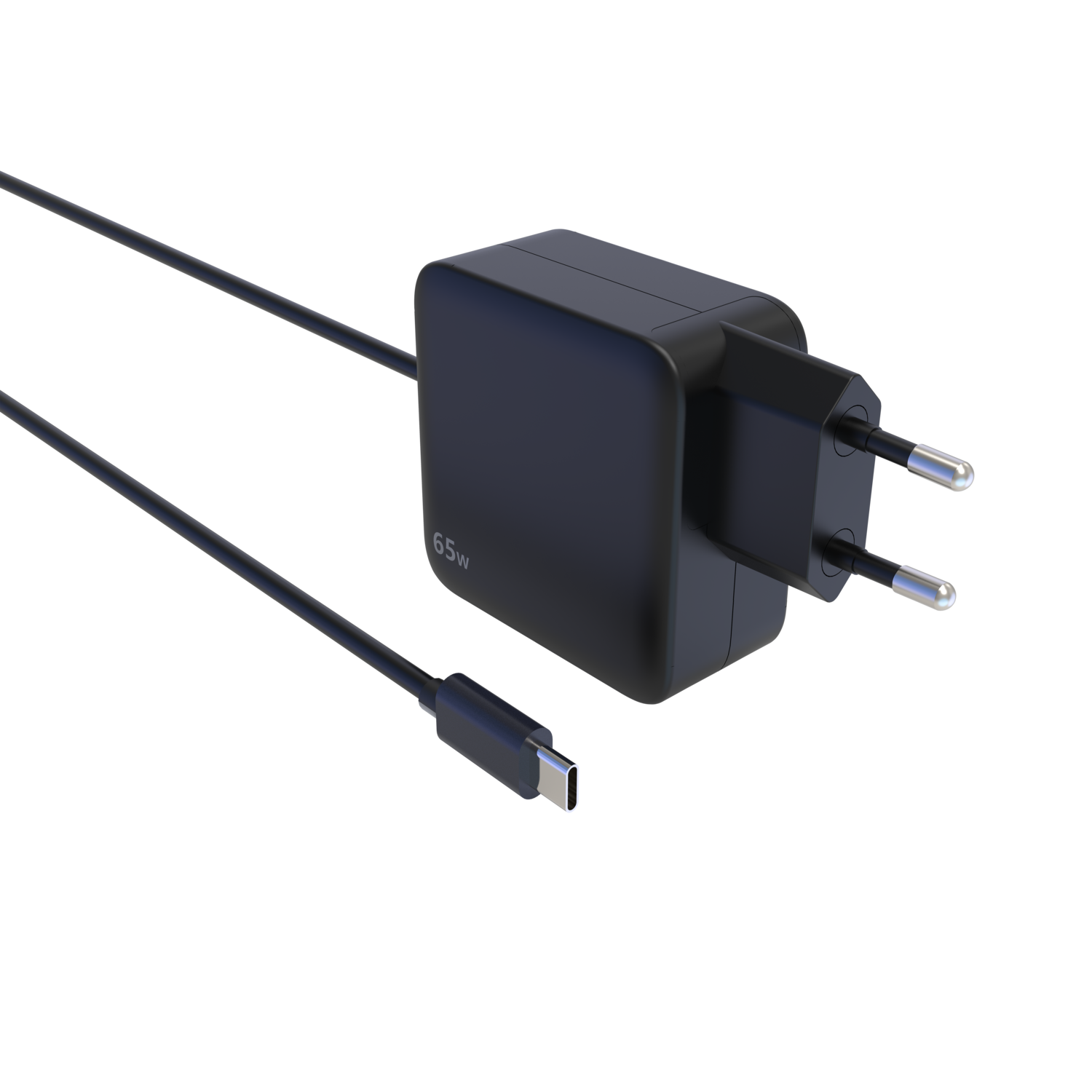 Chargeur noir 65W avec câble USB-C et prise UE. Le chargeur est sur fond noir.