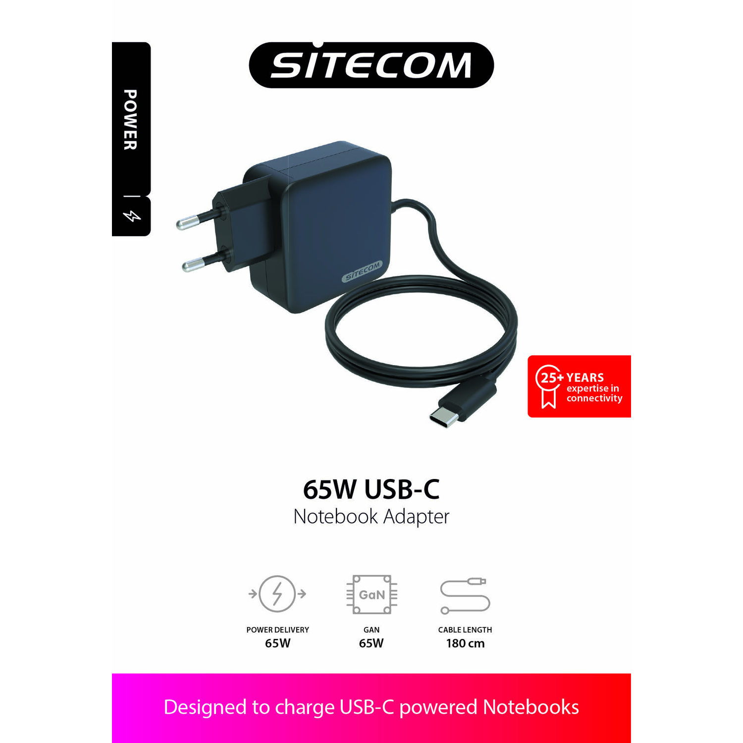 Un adaptateur pour ordinateur portable Sitecom 65W USB-C est présenté. Il a un corps bleu foncé, un câble noir et du texte blanc. Le texte indique une alimentation de 65W.