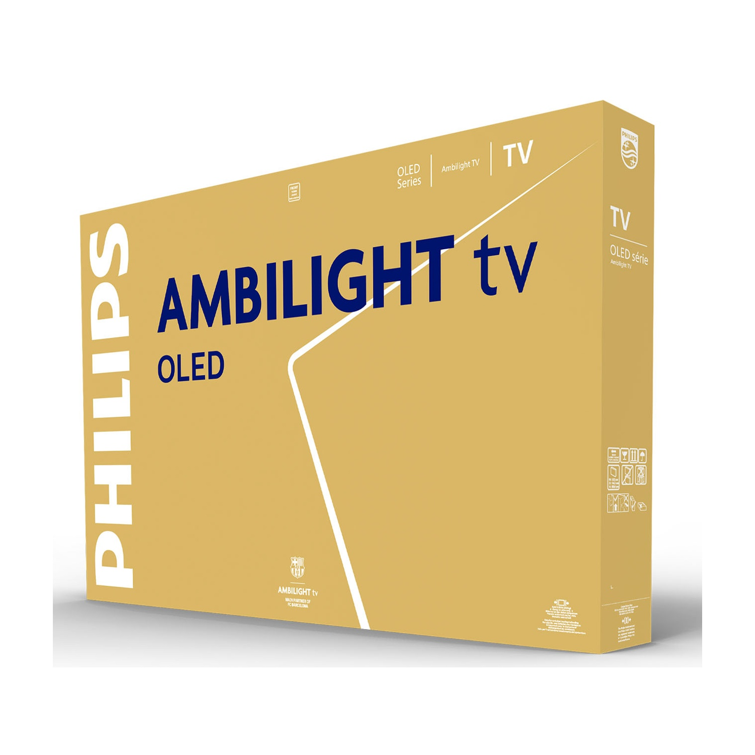 È esposta una scatola di un televisore Philips Ambilight OLED marrone dorato. La scatola riporta la scritta "Ambilight tv OLED" e "PHILIPS".