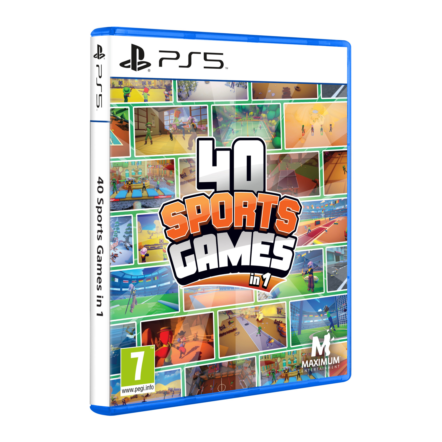 PS5 game case. Title reads '40 Sports Games in 1'. Features various sports scenes. PEGI 7 rating and Maximum Entertainment logo are visible.