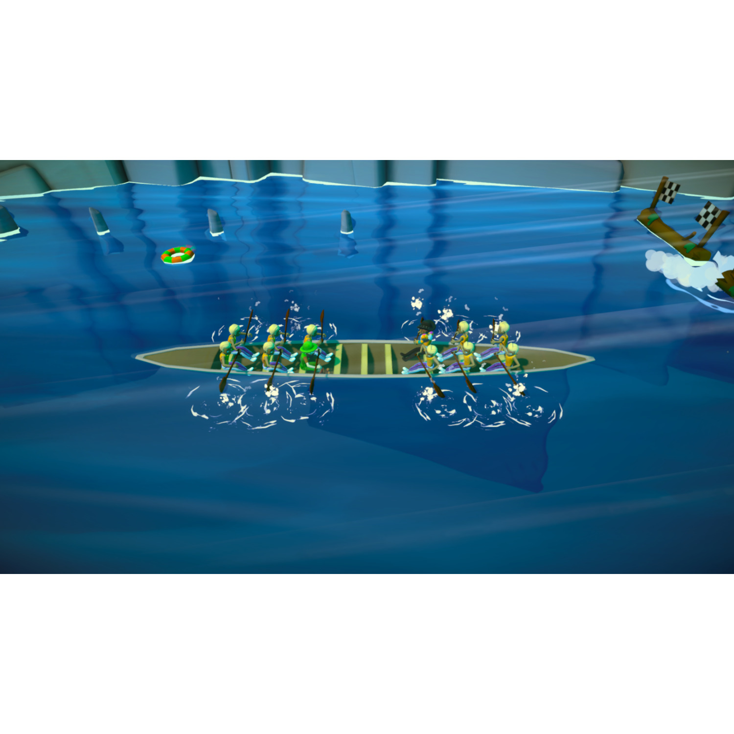 A cartoon rowing race. Two boats with rowers compete on blue water. Sharks and a life ring are in the water. A finish line.