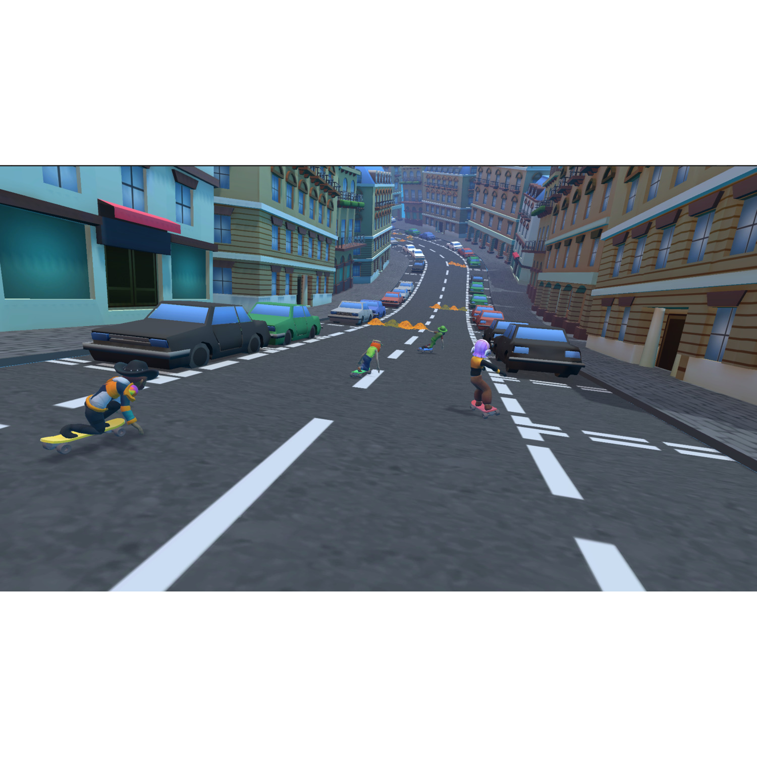 Cartoon cityscape with skateboarders on a road. Cars are parked along the sides. Buildings line the street on either side.