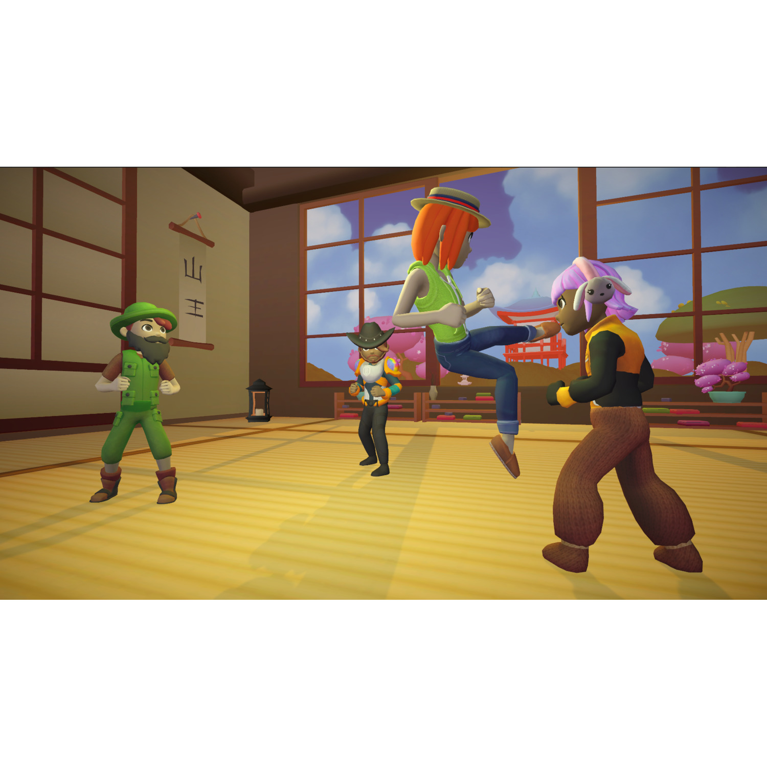 Cartoon scene: woman kicking another character, two others watching. Inside, a Japanese-style room with a window and a banner.
