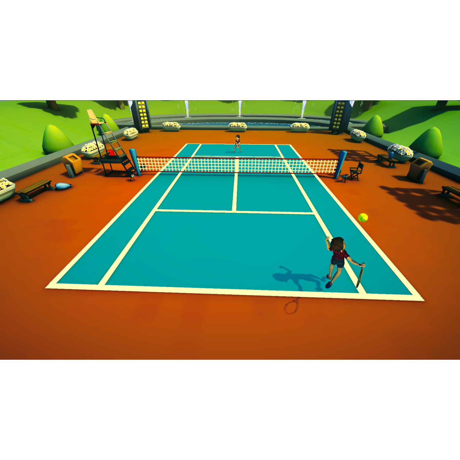 A tennis court with two players. One is about to hit the yellow ball. The court is blue with brown surroundings and green background.