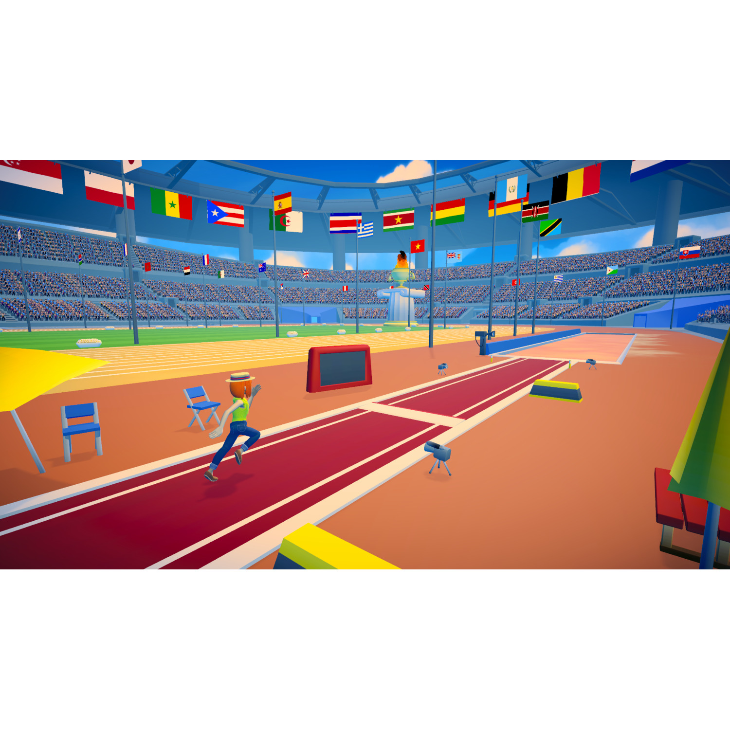 A cartoon athlete runs towards a high jump area. Flags of different countries hang above a stadium filled with spectators.