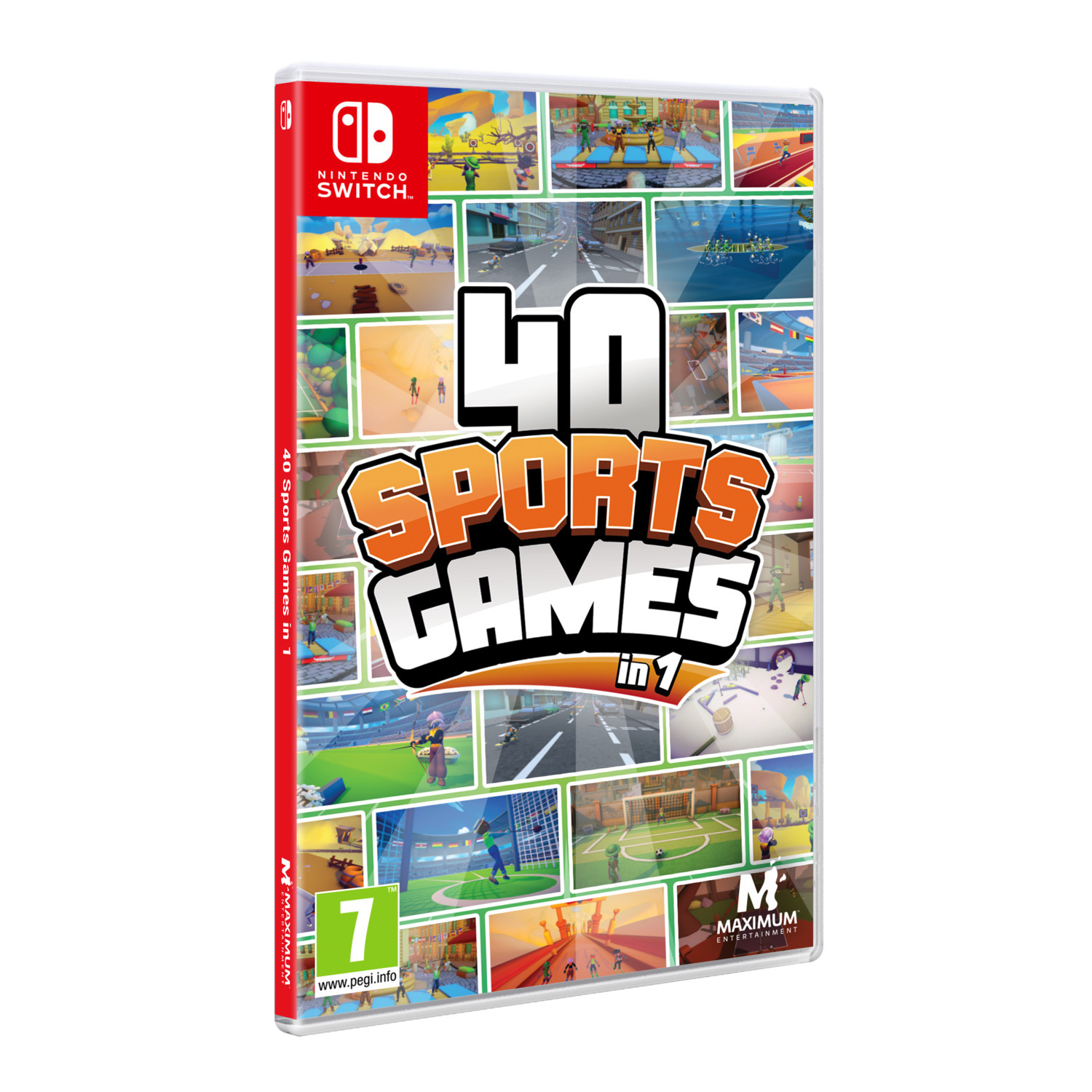 A Nintendo Switch game box shows '40 Sports Games in 1'. Scenes from various sports are in the background. The PEGI 7 logo is visible.