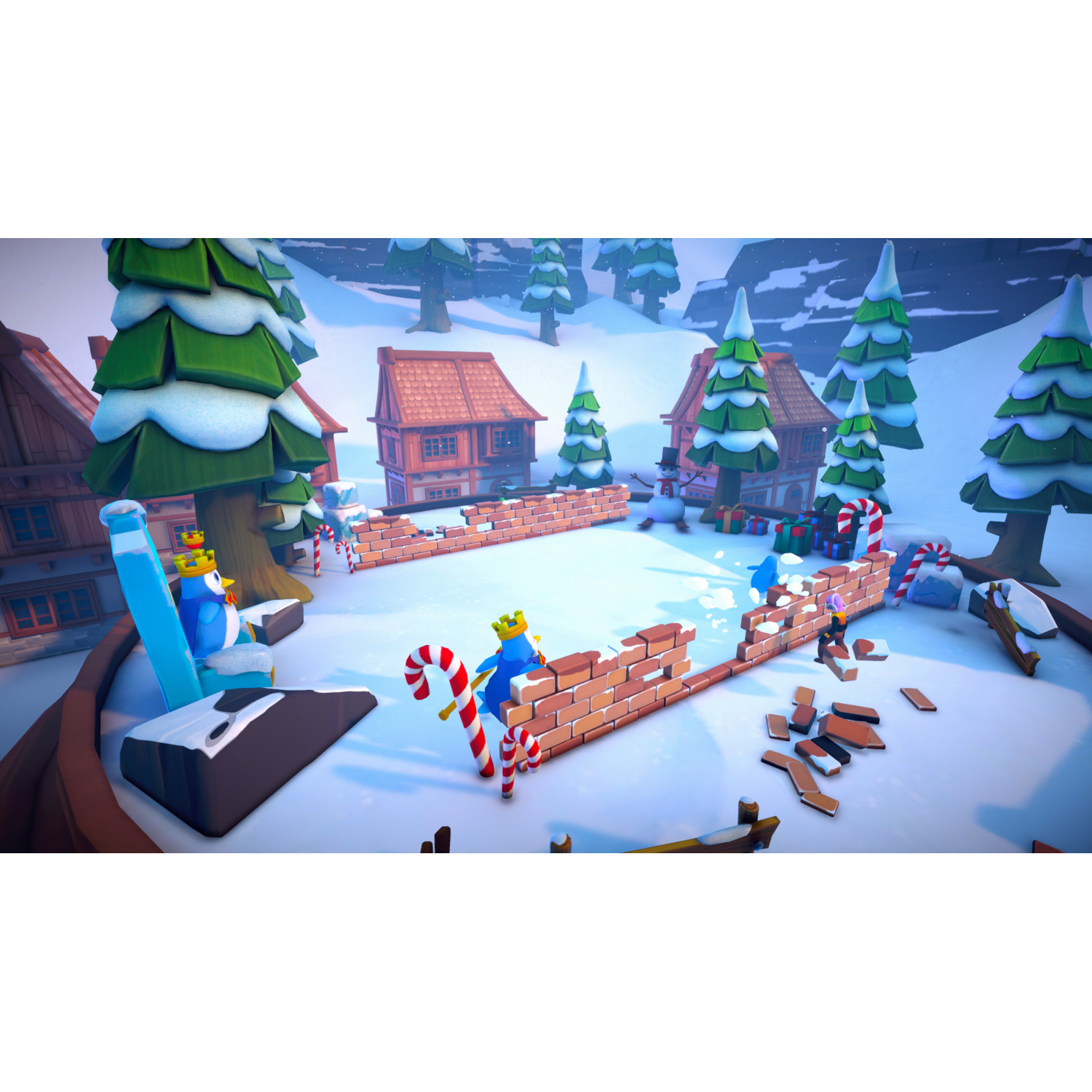 A winter scene with cartoon houses, trees, snow, and characters building a brick wall. Candy canes and gifts are scattered around.