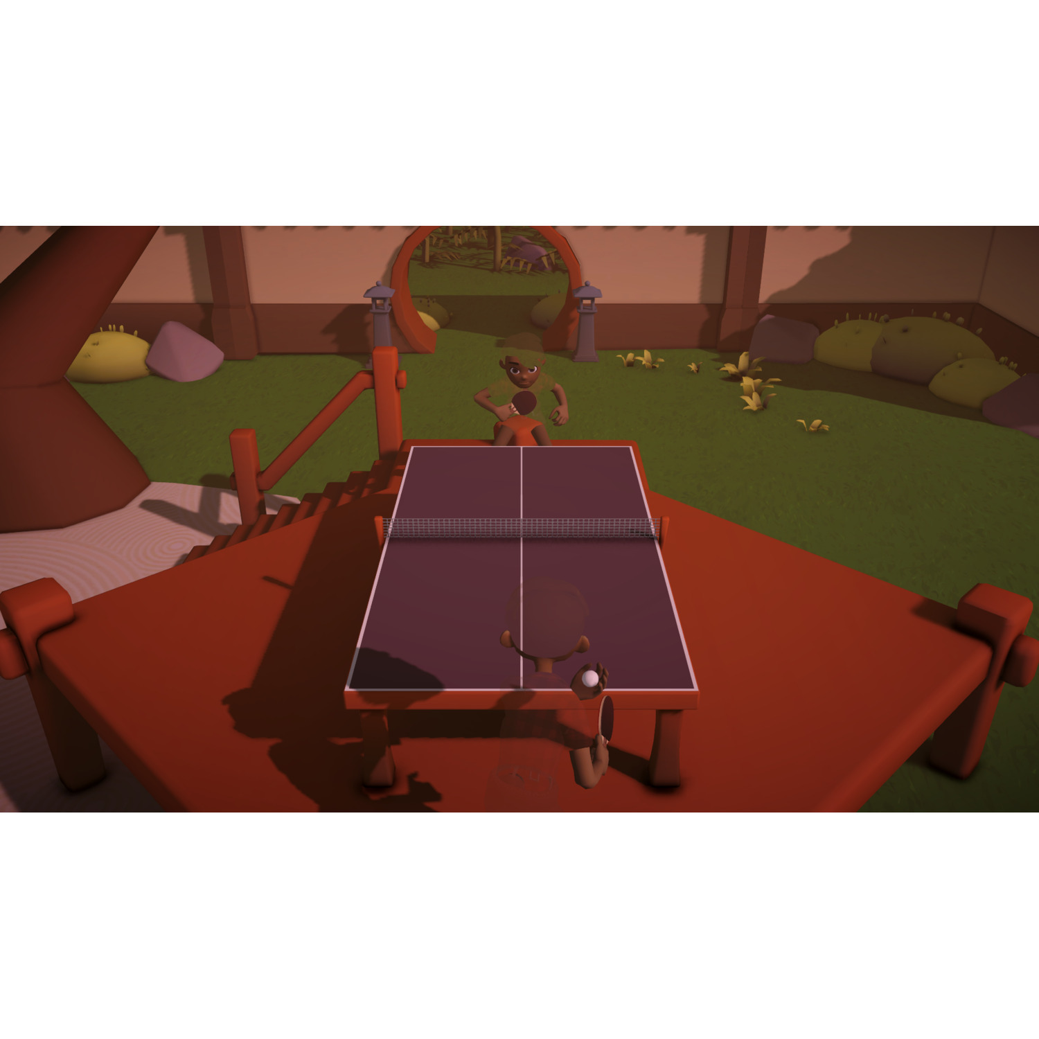 A cartoon character plays table tennis on a red table. A ball is on the table. The background shows a garden with a wooden structure.